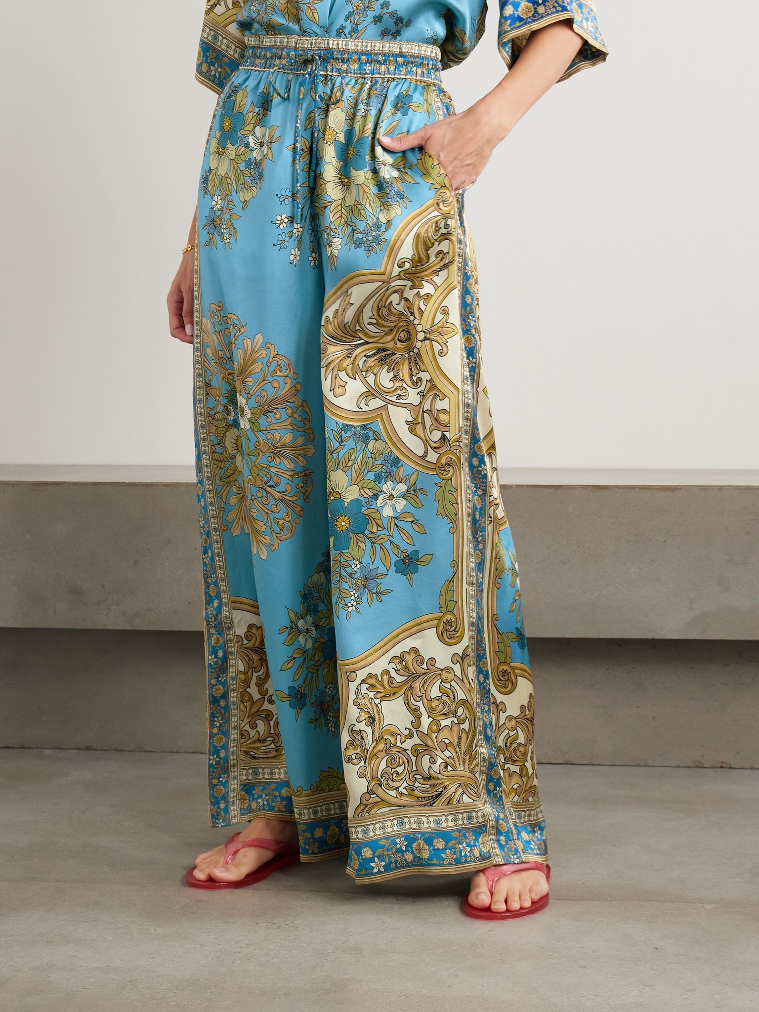 Cassie printed silk-satin wide-leg pants Blue - 3