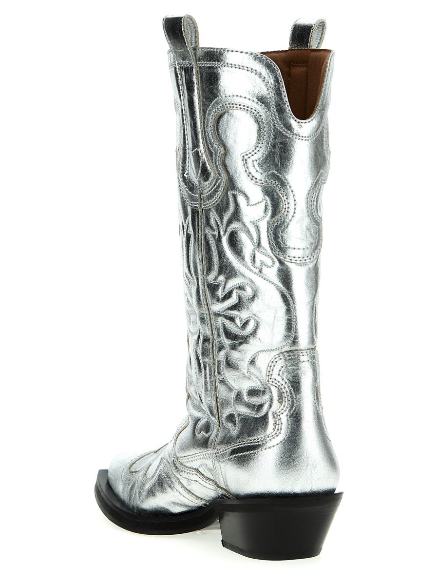 GANNI 'SILVER MID SHAFT EMBROIDERED WESTERN' BOOTS - 3