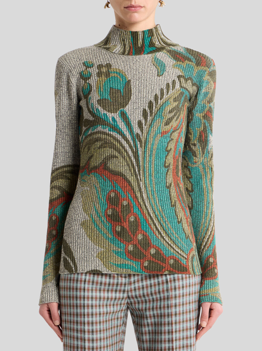 RIBBED WOOL TURTLENECK SWEATER WITH DAFFODIL PRINT - 2