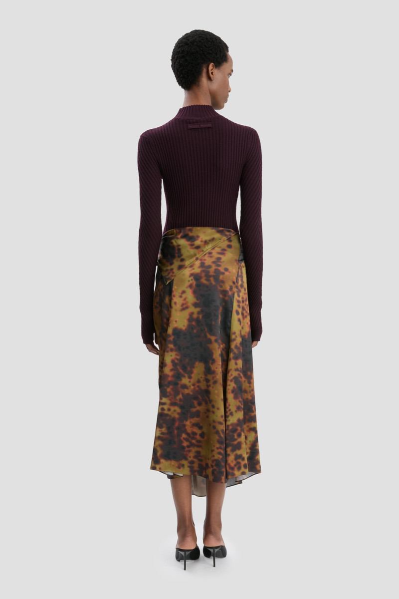 Rouleau Detail Midi Skirt In Olive Brown Print 1