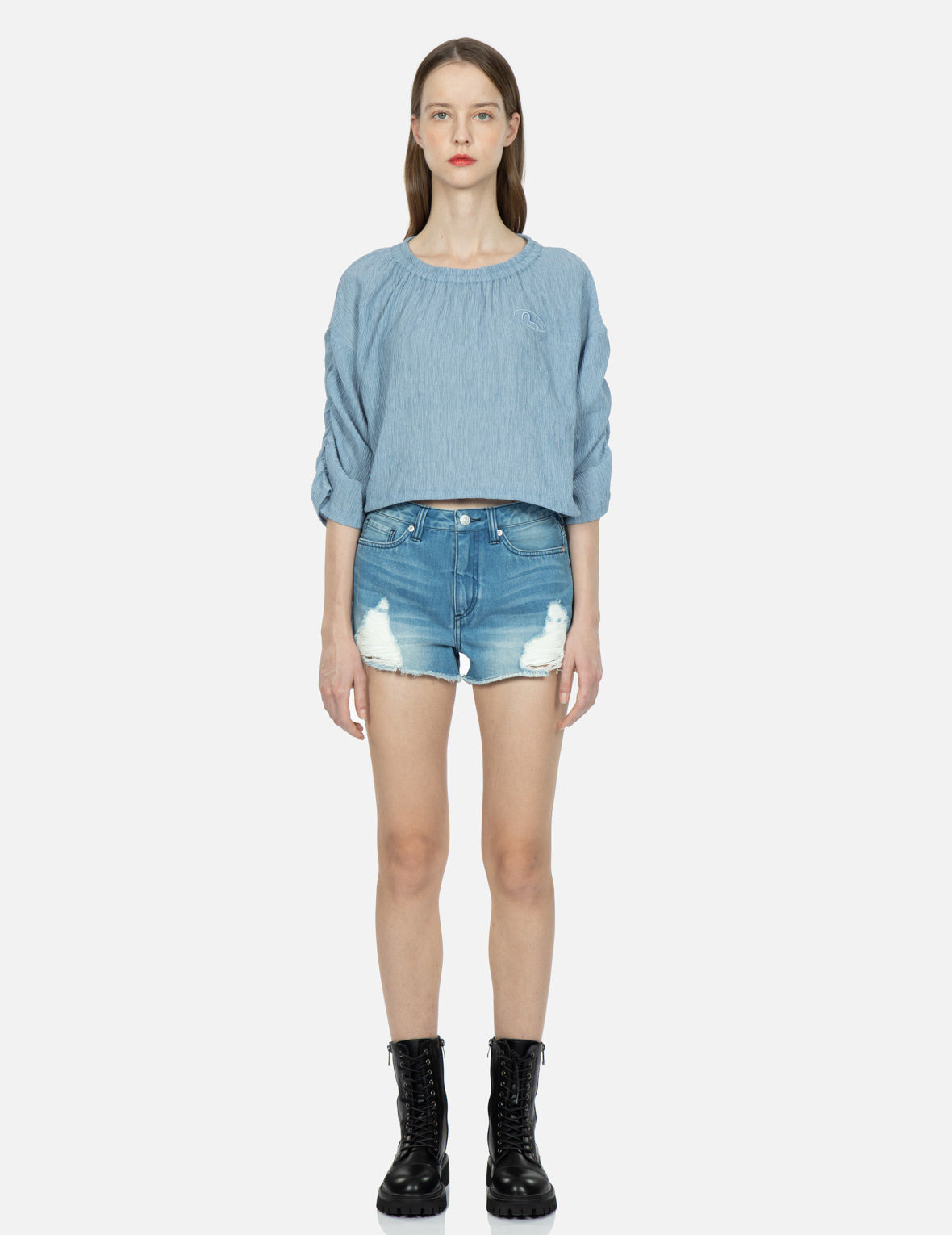 SEAGULL BADGE EMBROIDERY DROP-SHOULDER BLOUSE - 3