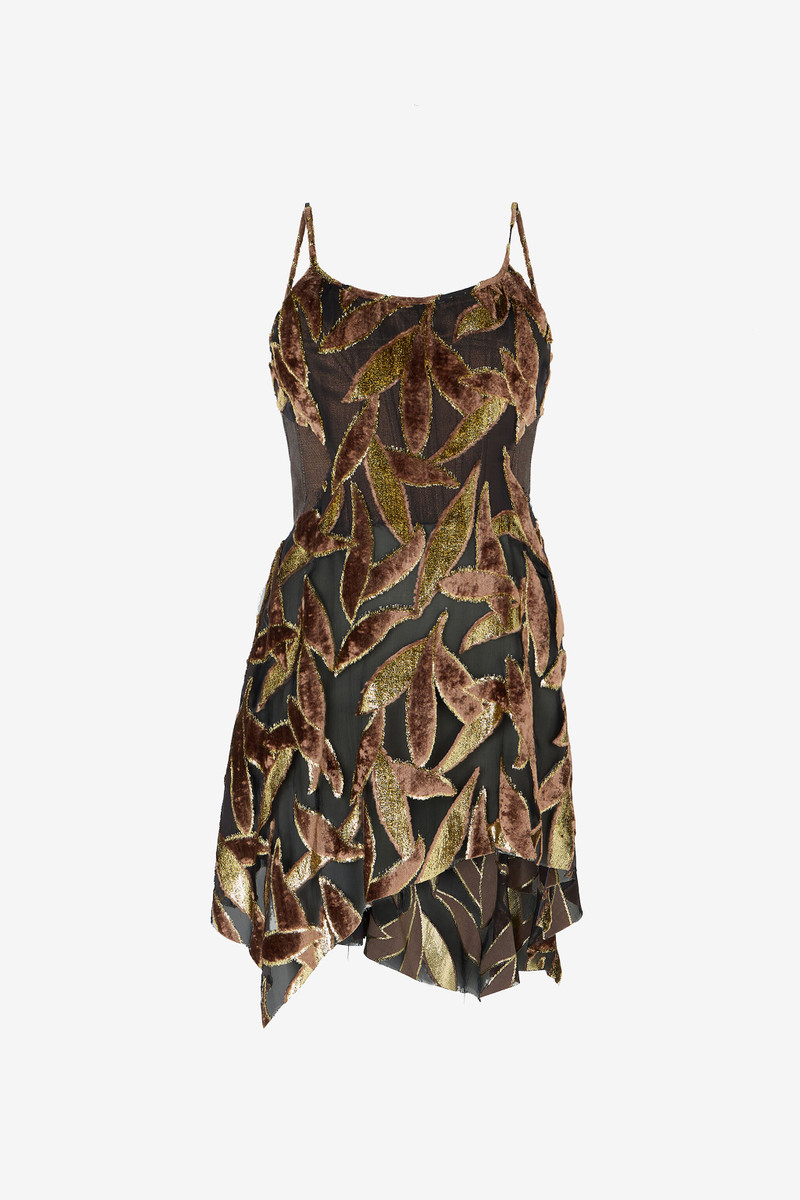 Chocolate Sheer Mini Dress with Foliage Motif 1