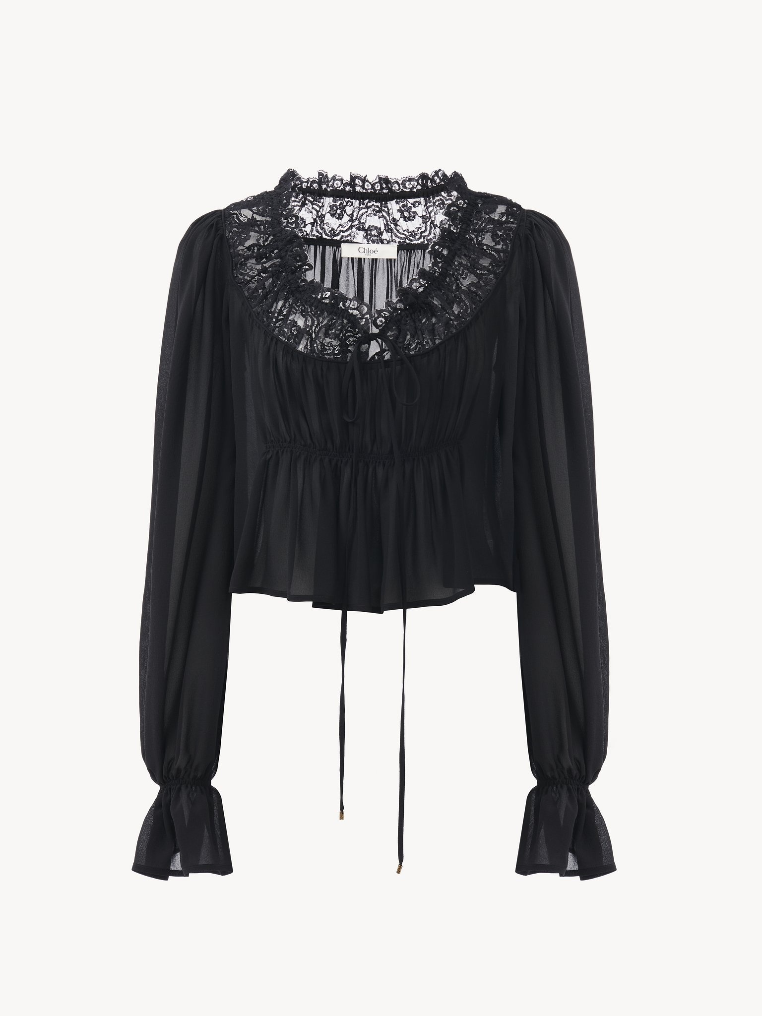 SCOOP-NECK CROPPED TOP IN SILK GEORGETTE & LACE - 2