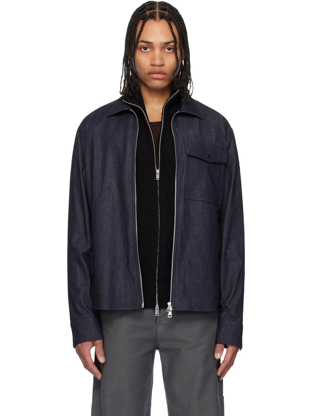 Blue Long Sleeve Zip-Up Denim Jacket - 1