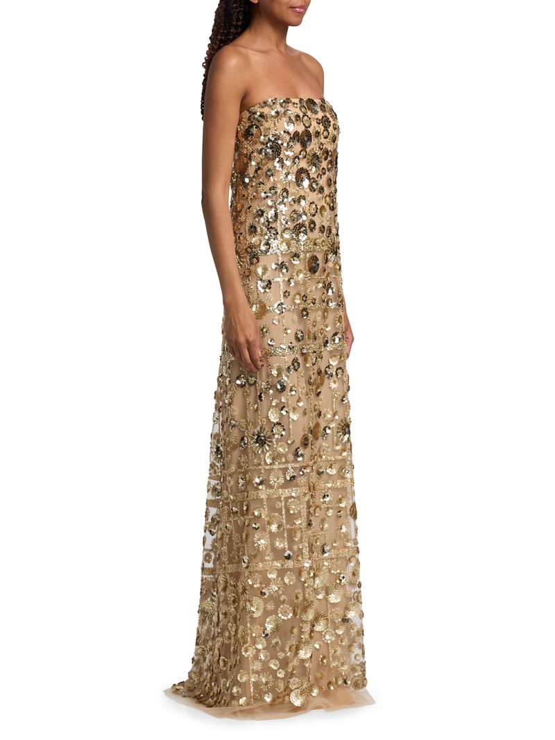 Women's Strapless Embellished Flower Column Gown - Gold 4