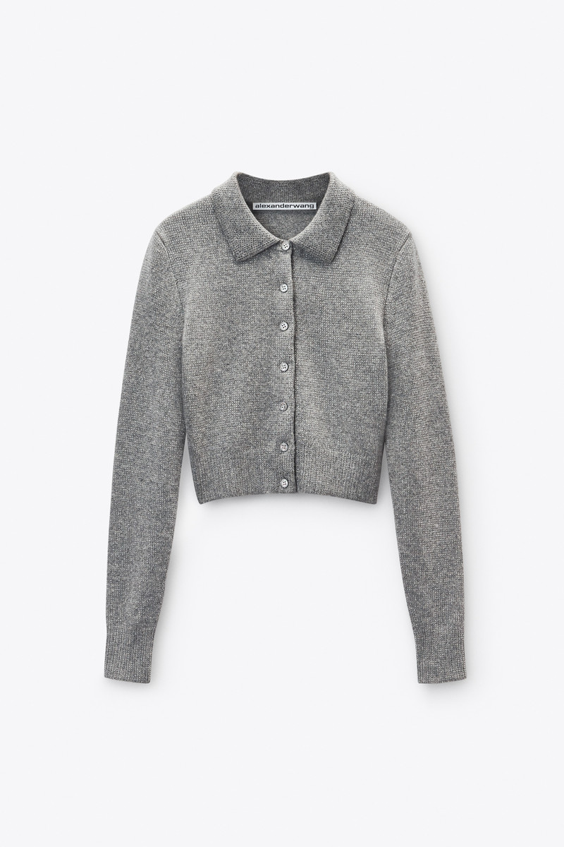 Grey Wool-Blend Hotfix Polo Cardigan 1