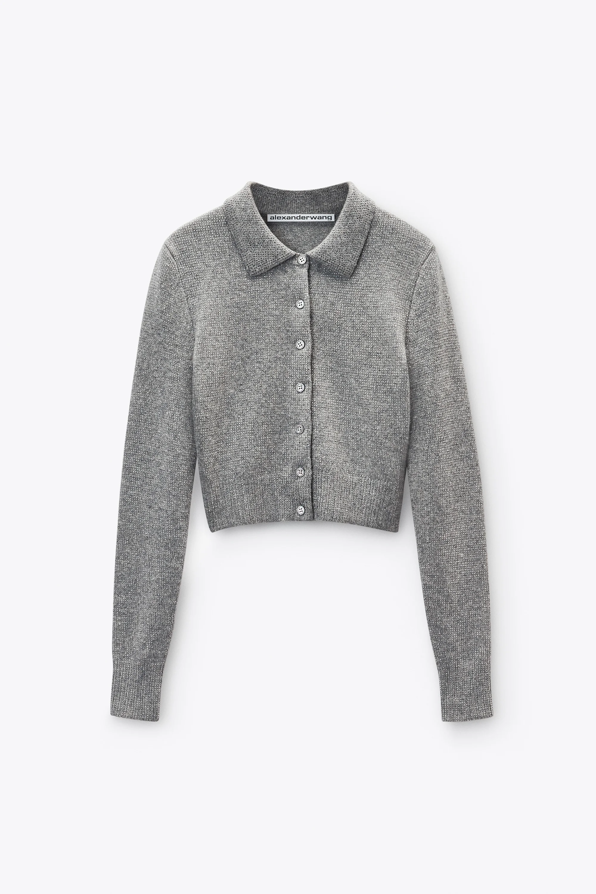 Grey Wool-Blend Hotfix Polo Cardigan - 1