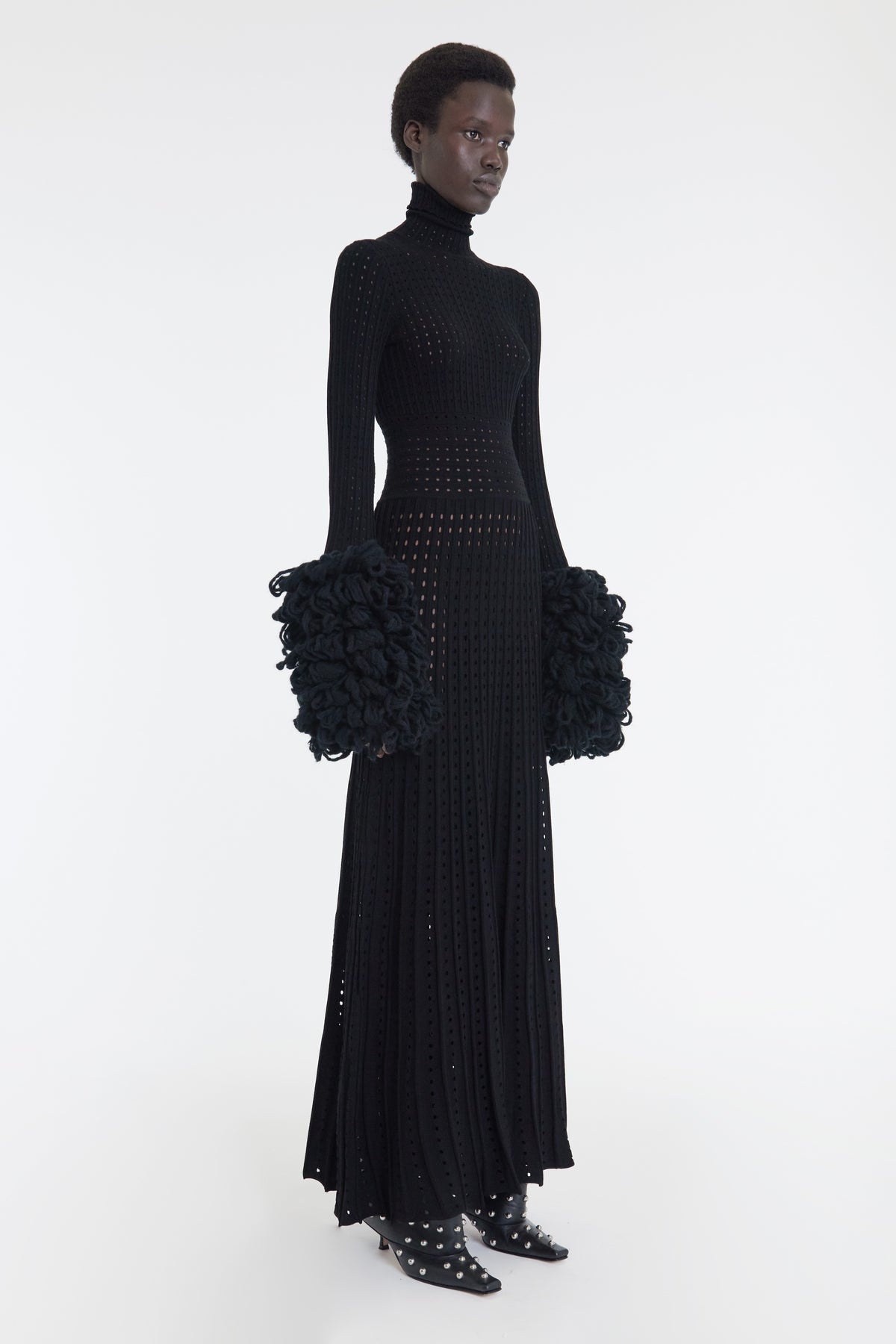 PERFORATED KNIT MAXI DRESS WITH THREADED CUFFS BLACK - 3