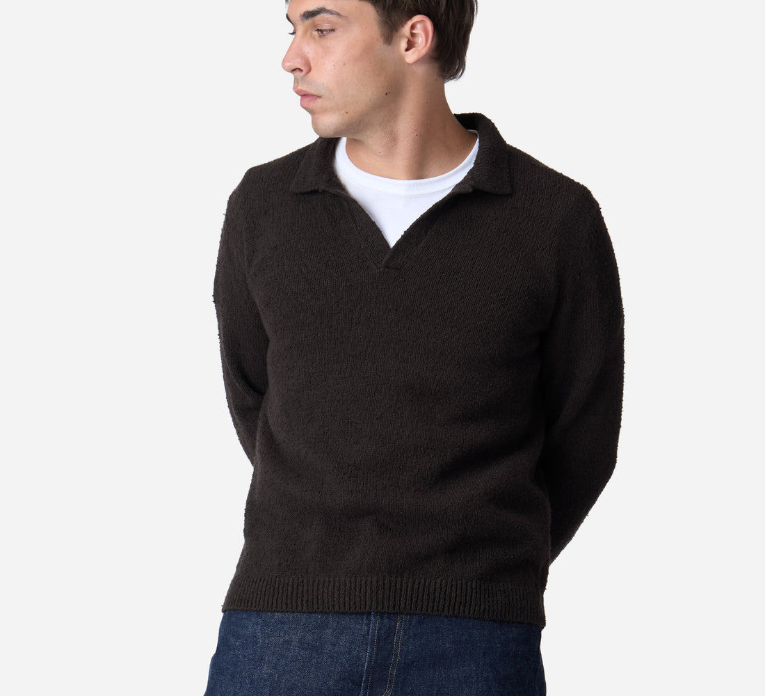Long Sleeve Knit Polo - Bark Boucle - 3