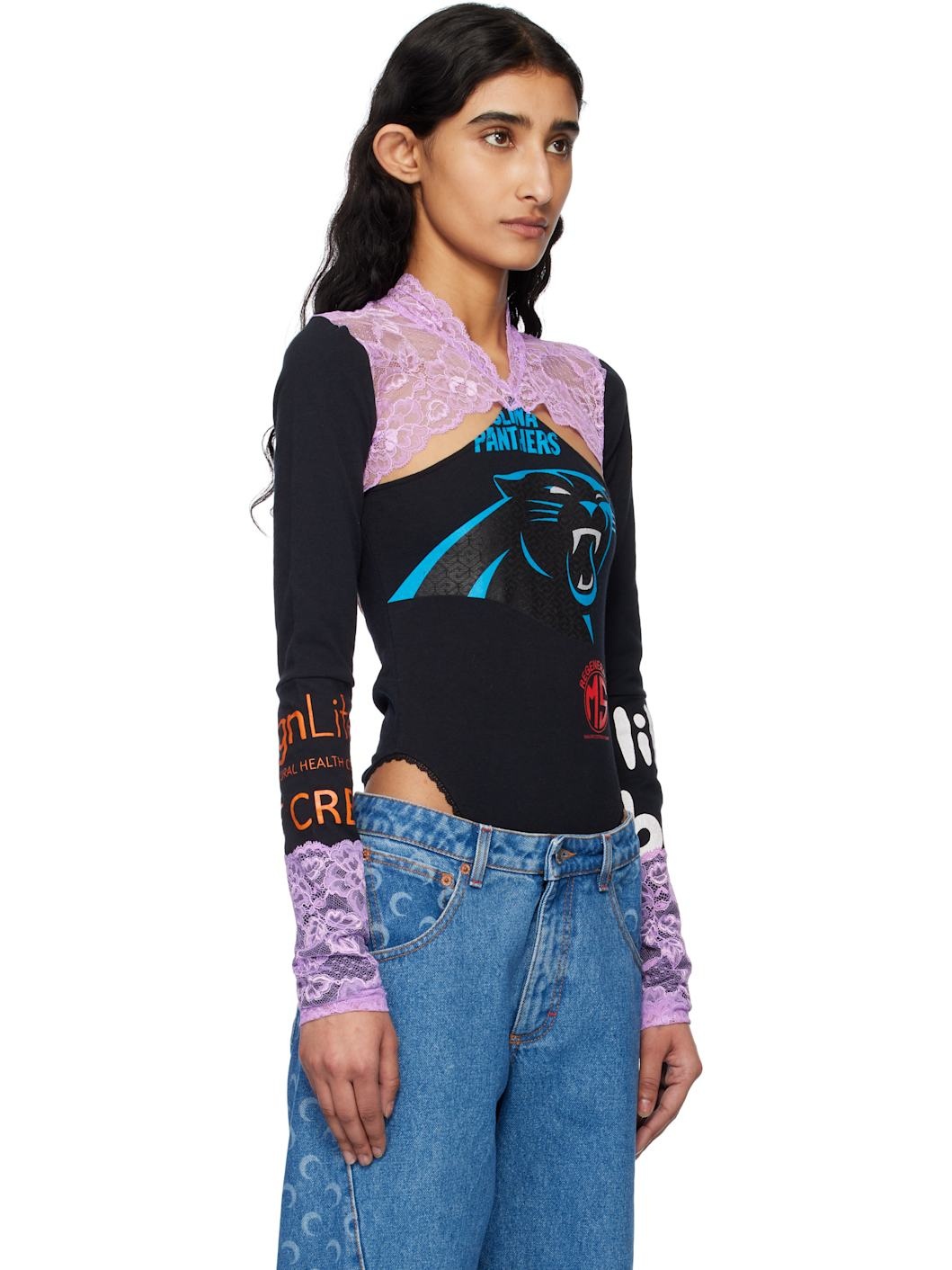 Black Regenerated T-shirts & Lace Long Sleeve Bodysuit - 2