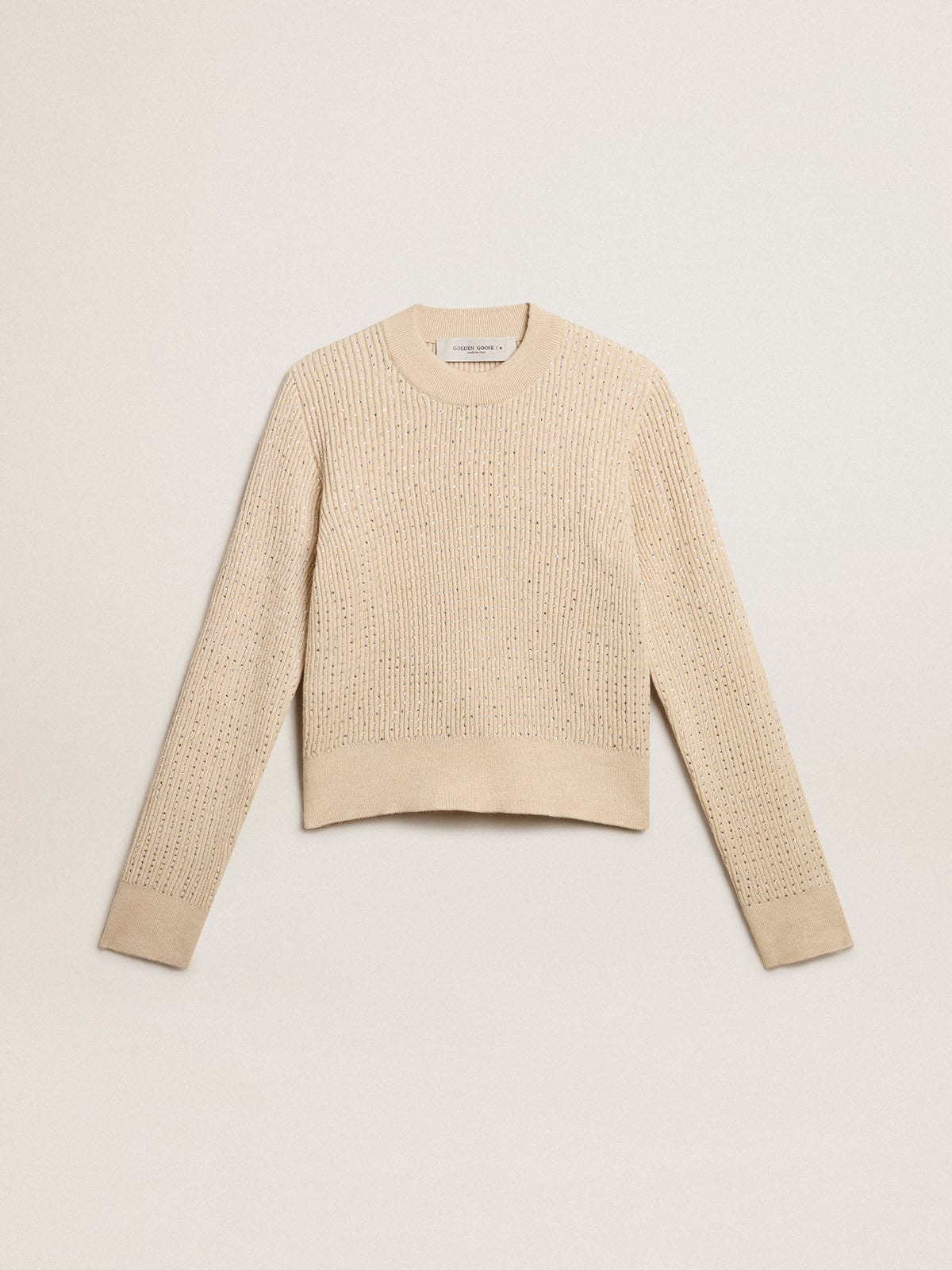 Cropped round-neck sweater in beige wool with all-over crystals