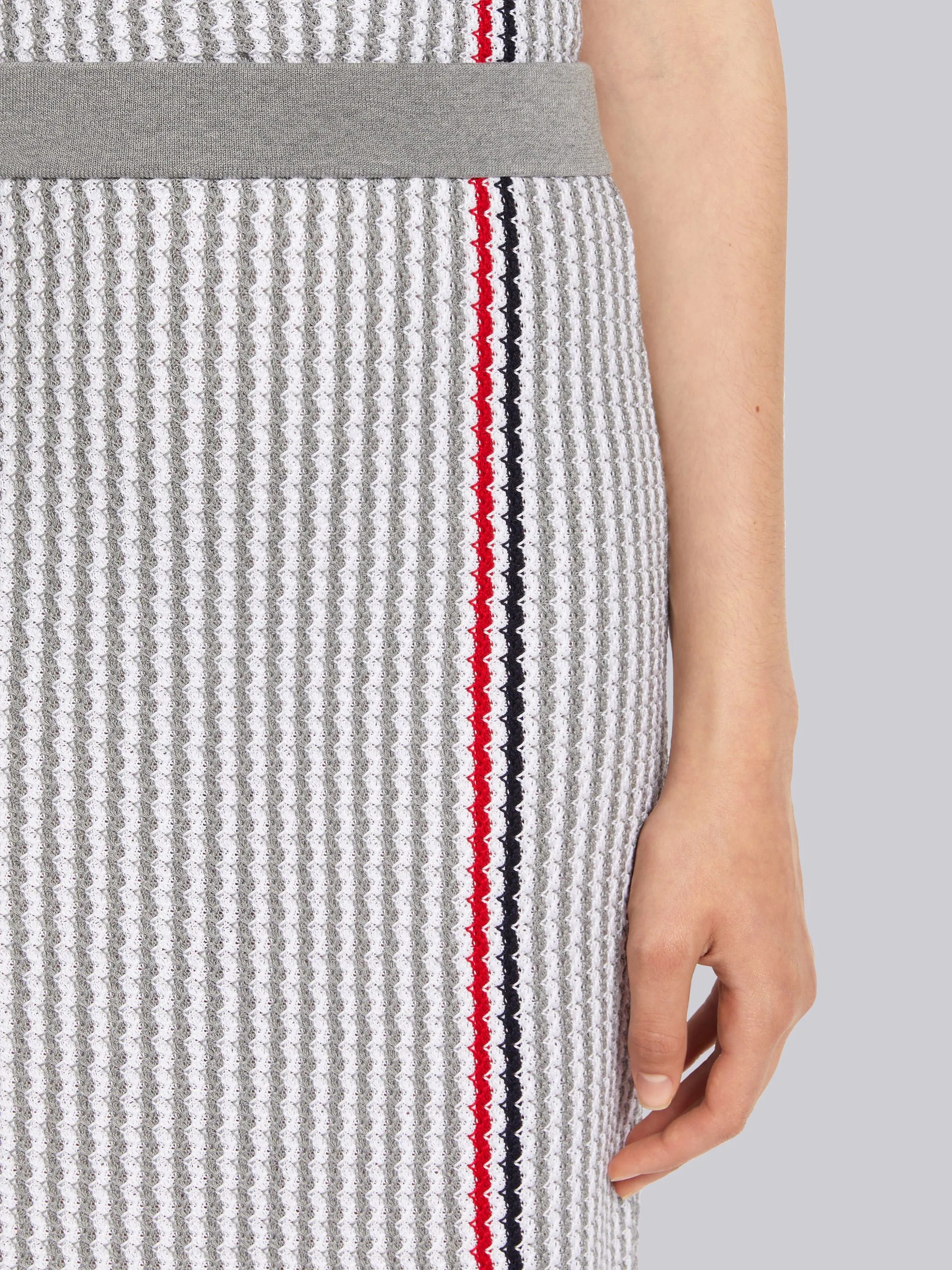 Light Grey University Stripe Cotton Tweed Engineered Stripe Side Vent Calf Length Skirt - 5