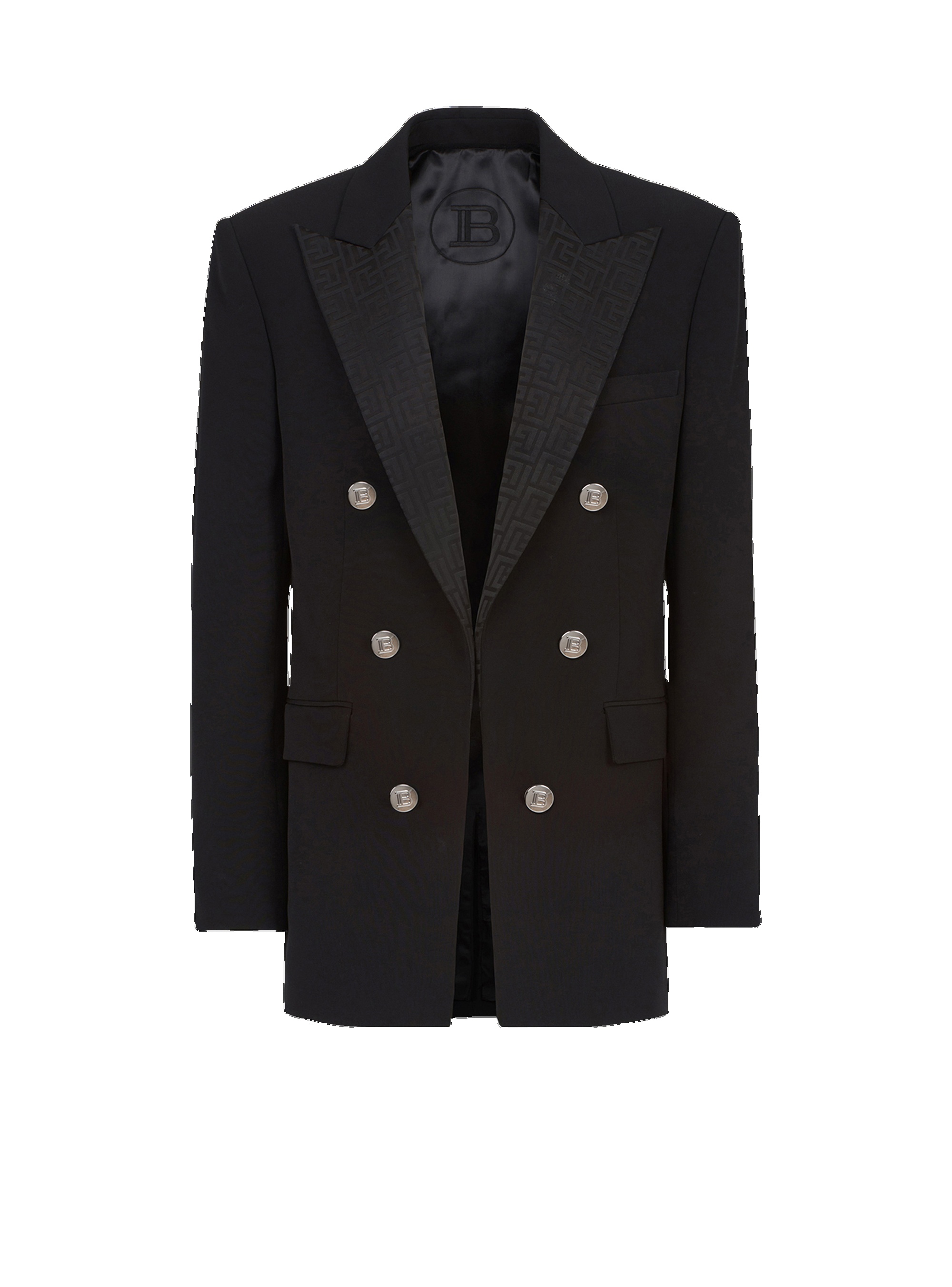 Crepe blazer with double-breasted silver-tone buttoned fastening and Balmain monogram collar - 1
