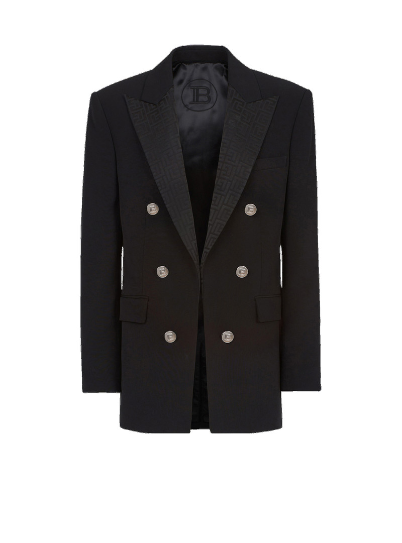 Crepe blazer with double-breasted silver-tone buttoned fastening and Balmain monogram collar 1