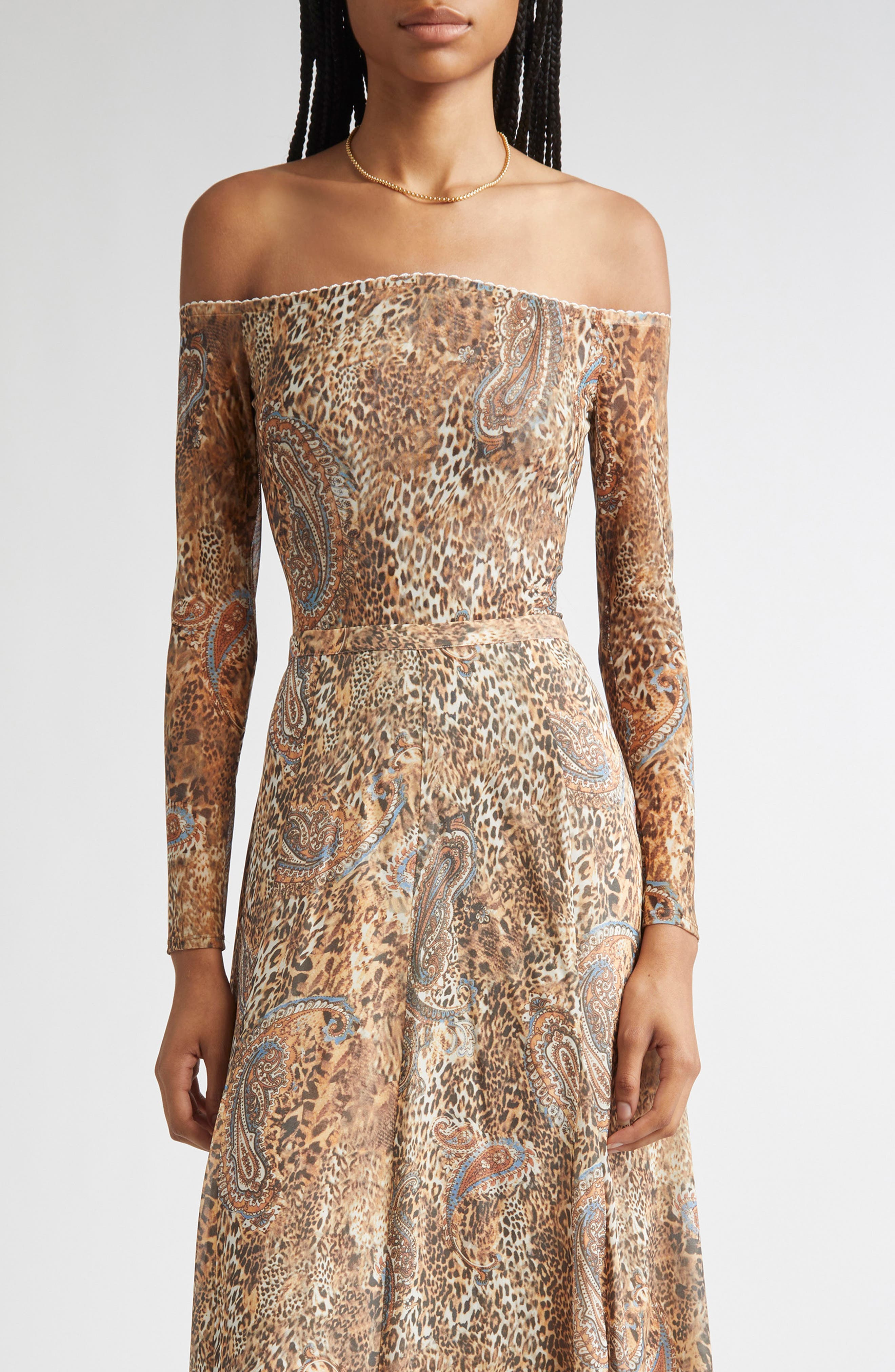 L'AGENCE Peonie Off the Shoulder Bodysuit in Brown/Blue Valencia Leopard at Nordstrom - 1