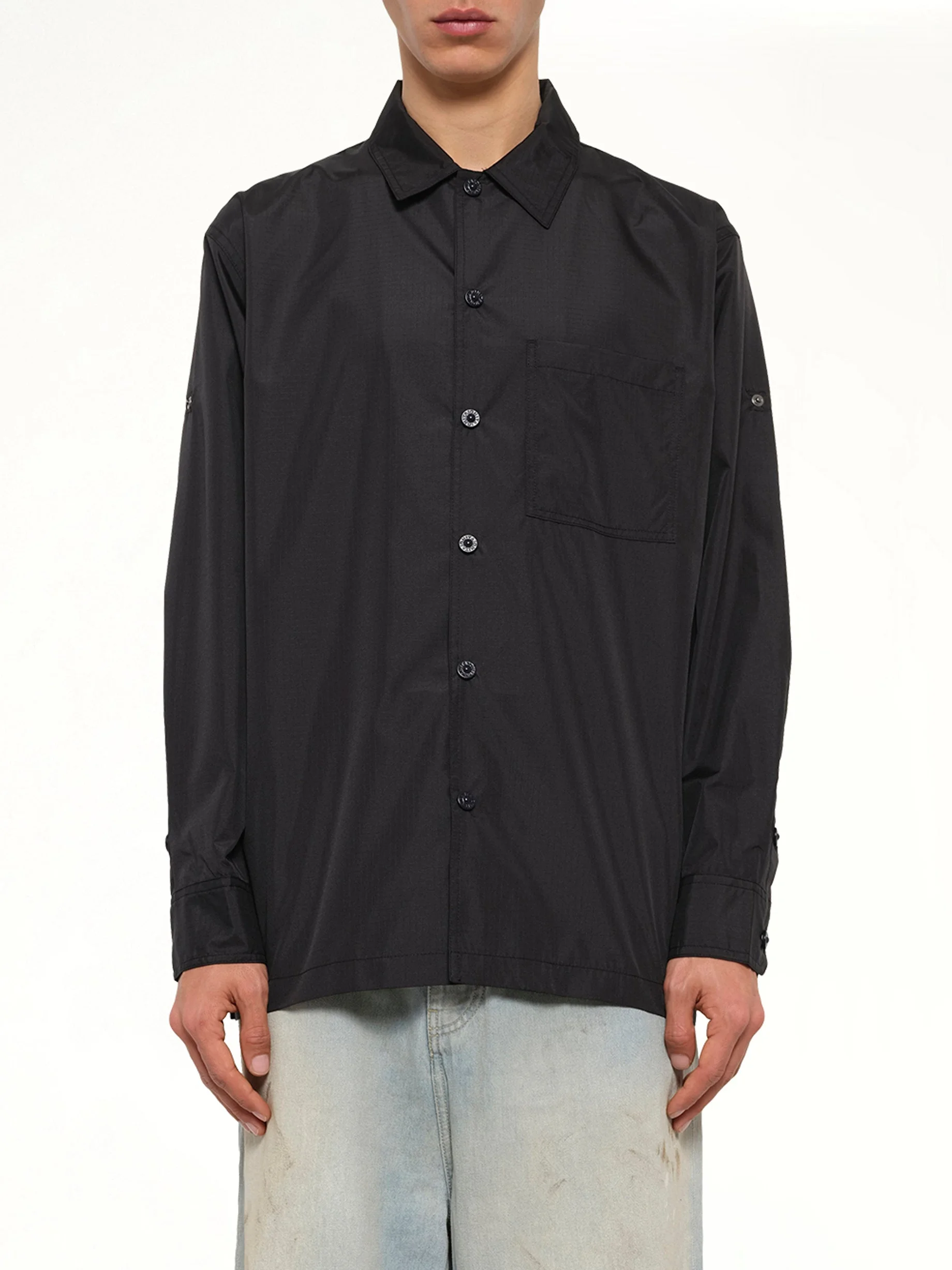 Non Down Military Button Slit Shirt in Black - 1