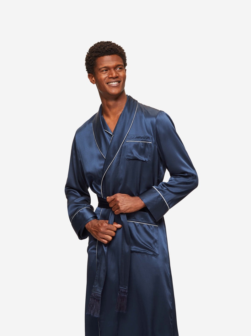 Men's Dressing Gown Bailey Silk Satin Navy - 2