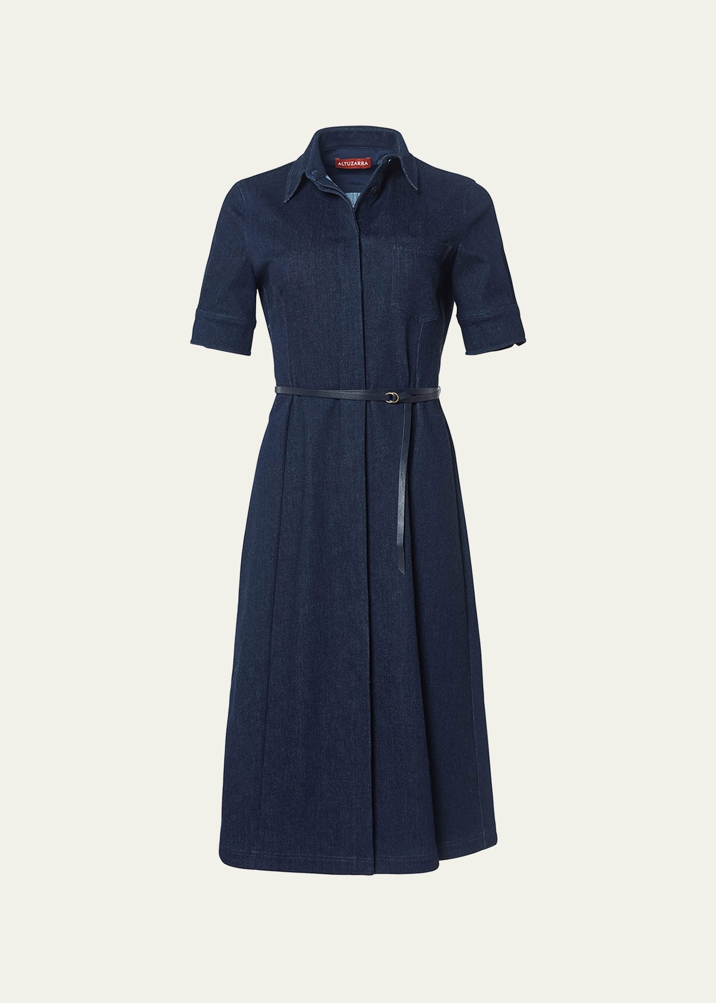 Kieran Denim Leather Belted Midi Dress - 1