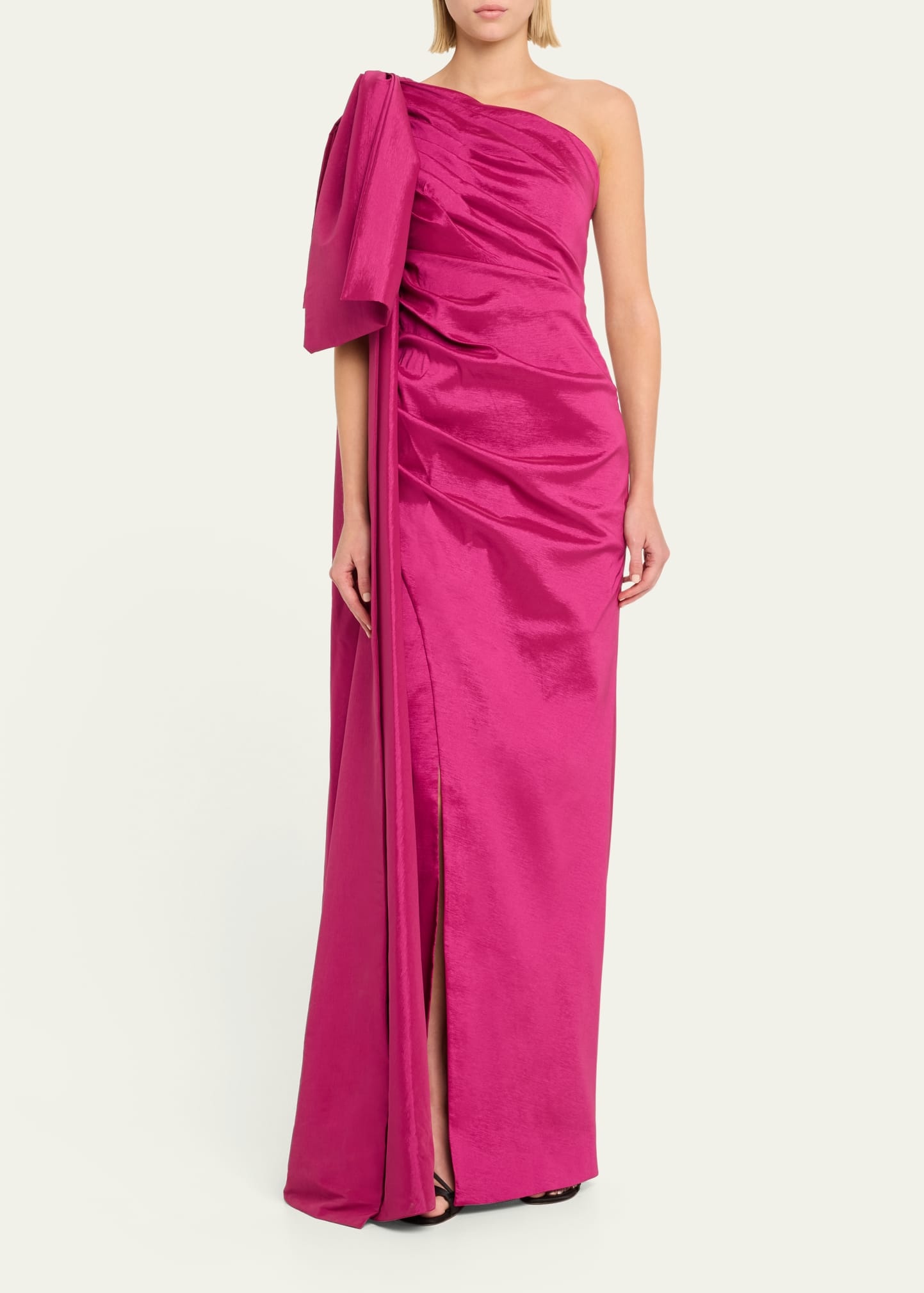 Alessandra Ruched One-Shoulder Bow Column Gown - 2