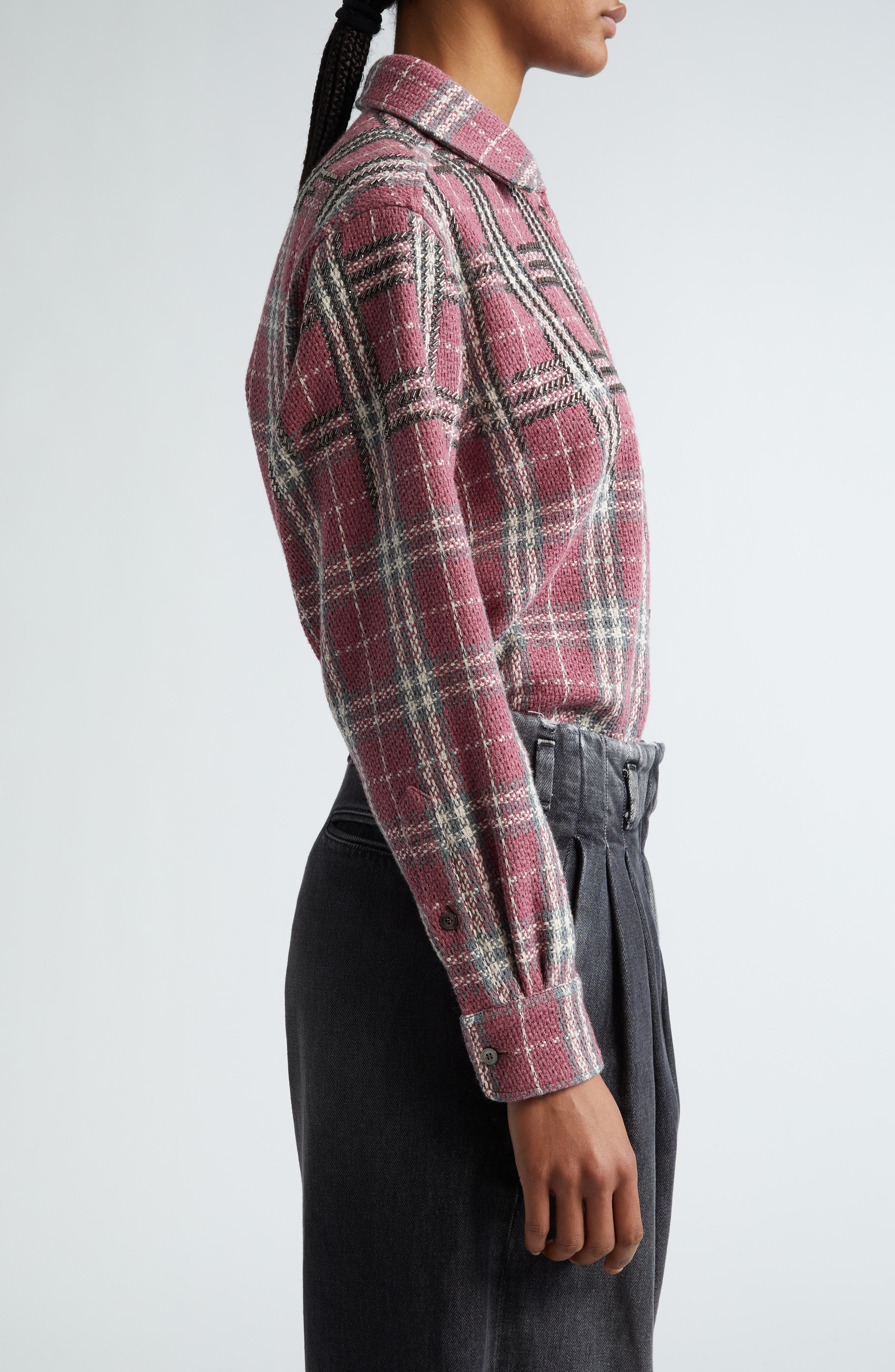 Golden Goose Journey Beaded Plaid Cotton Overshirt in Crushed Berry/Sandshell/Grey at Nordstrom - 4