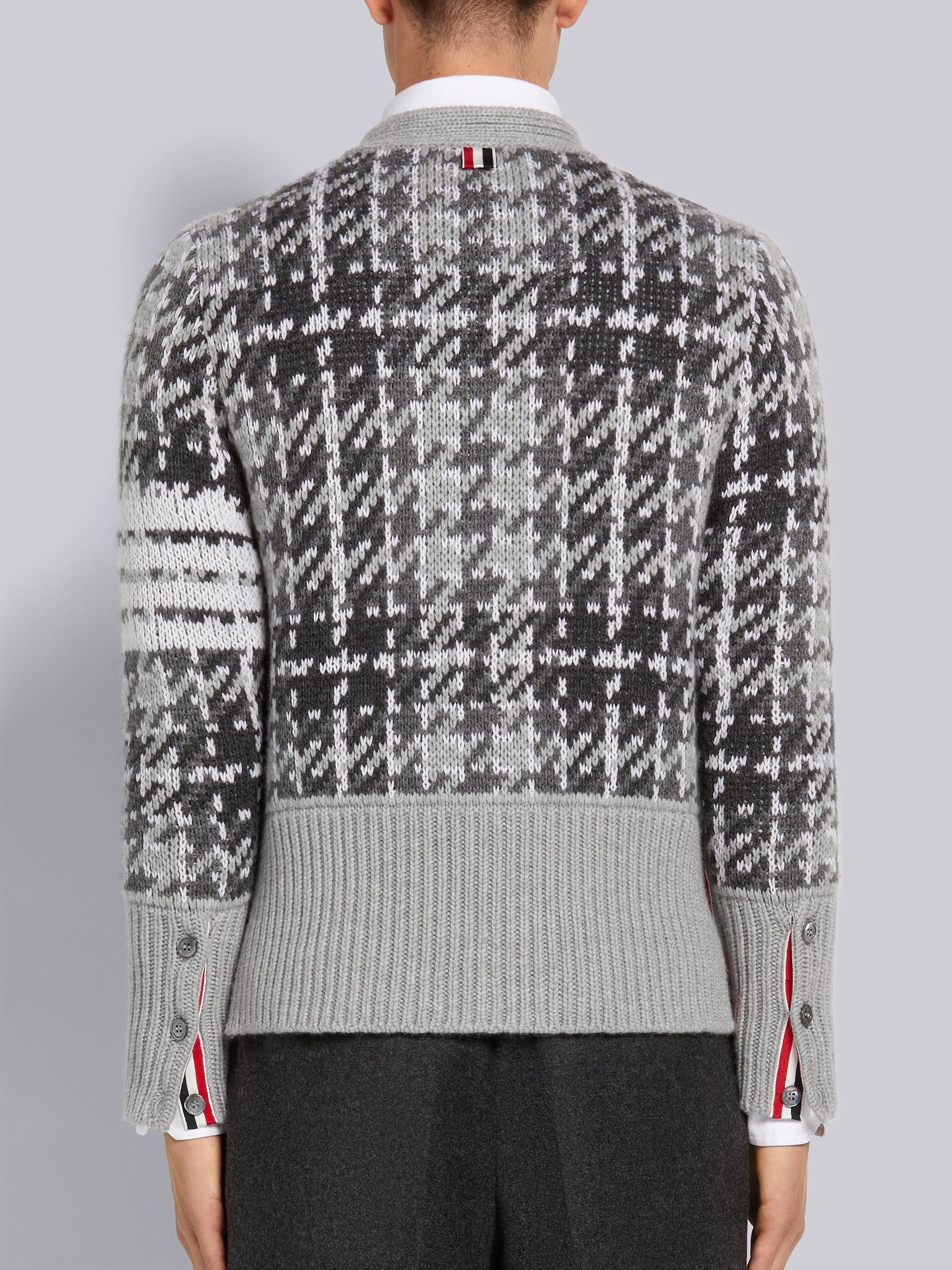 Tonal Grey Windowpane Check Jacquard Cashmere 4-Bar Stripe Classic V-Neck Cardigan - 3