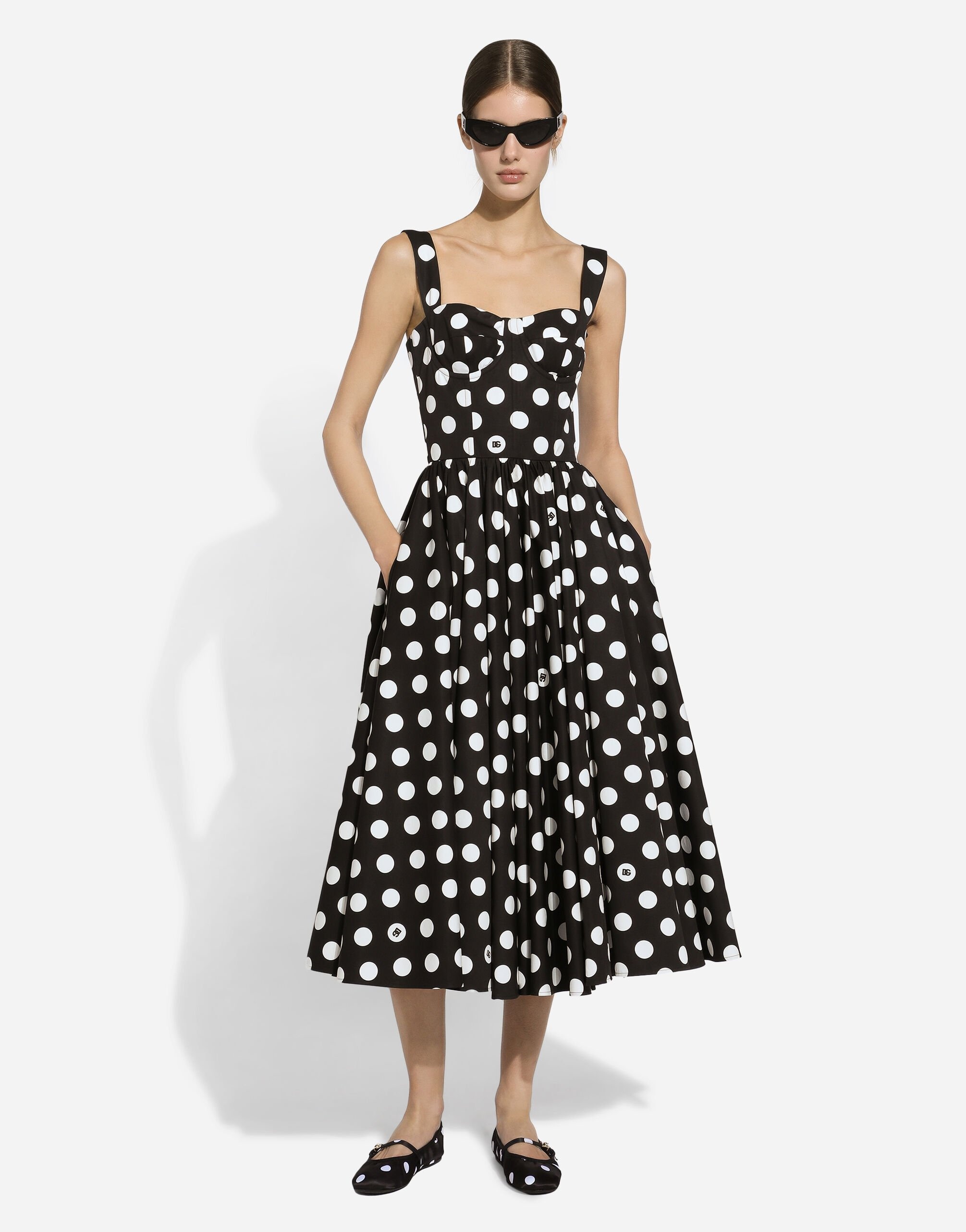 Cotton calf-length corset dress with polka-dot print - 2