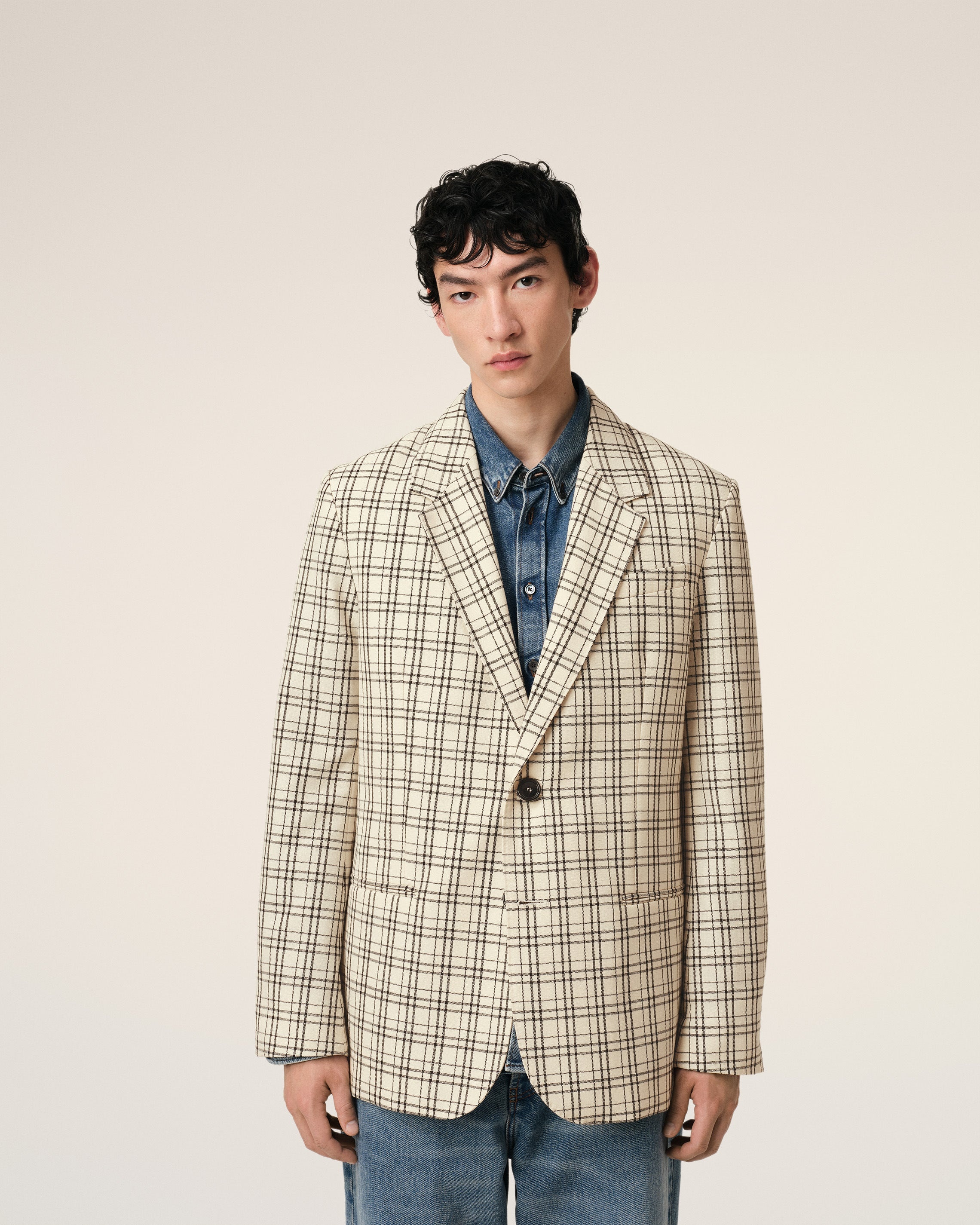 BEIGE CHECKED WOOL SEMI-LINED JACKET - 3