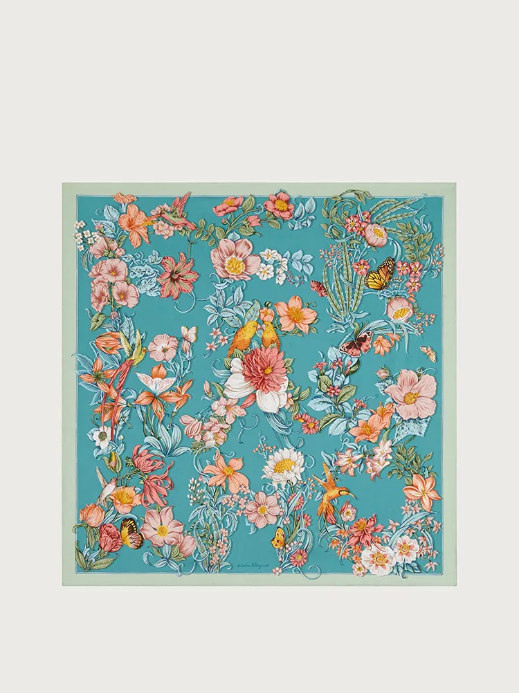 FLOWERS AND LETTERS SILK PRINT FOULARD - 1