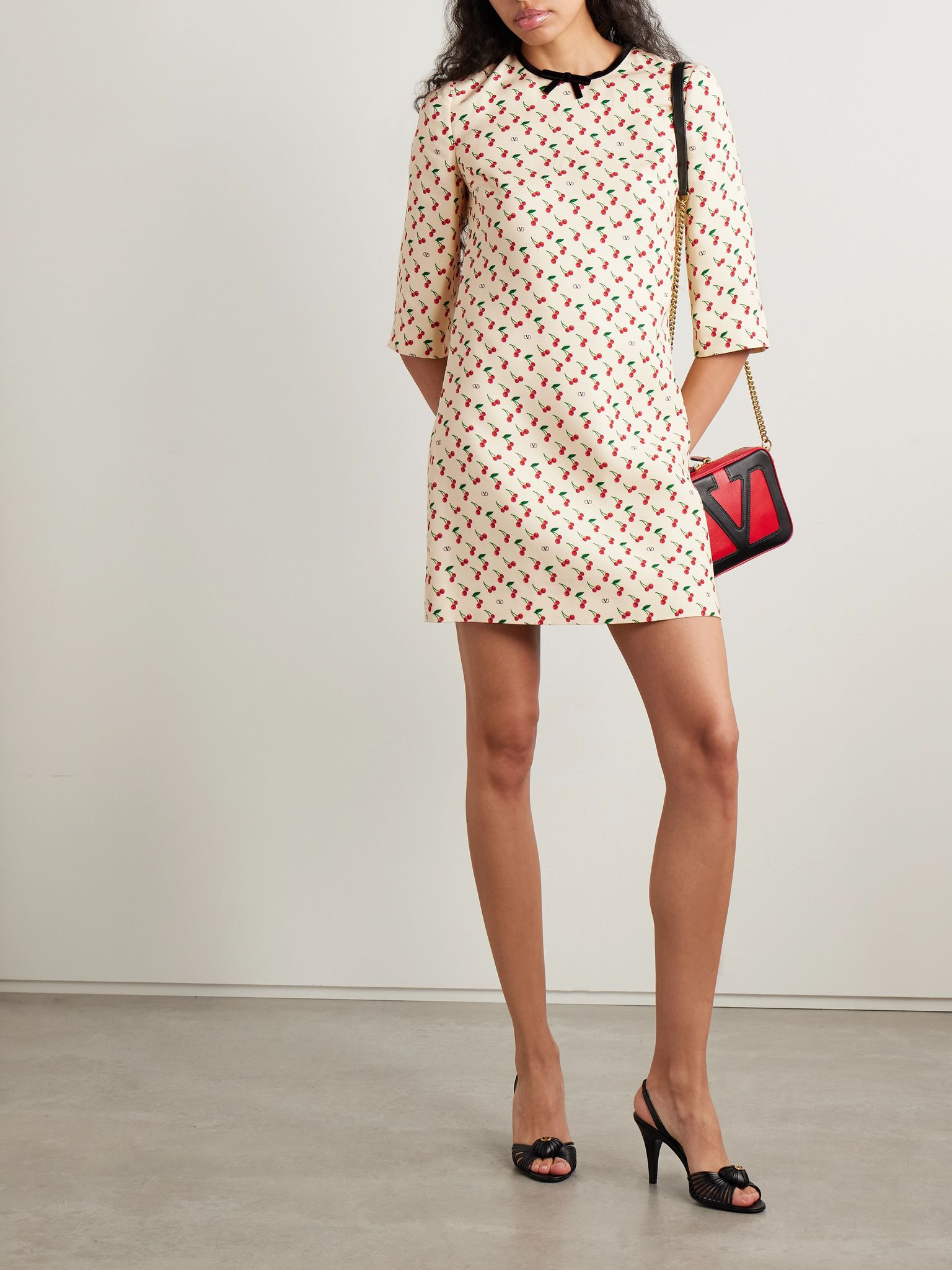 Velvet-trimmed printed wool-blend crepe mini dress Cream - 2