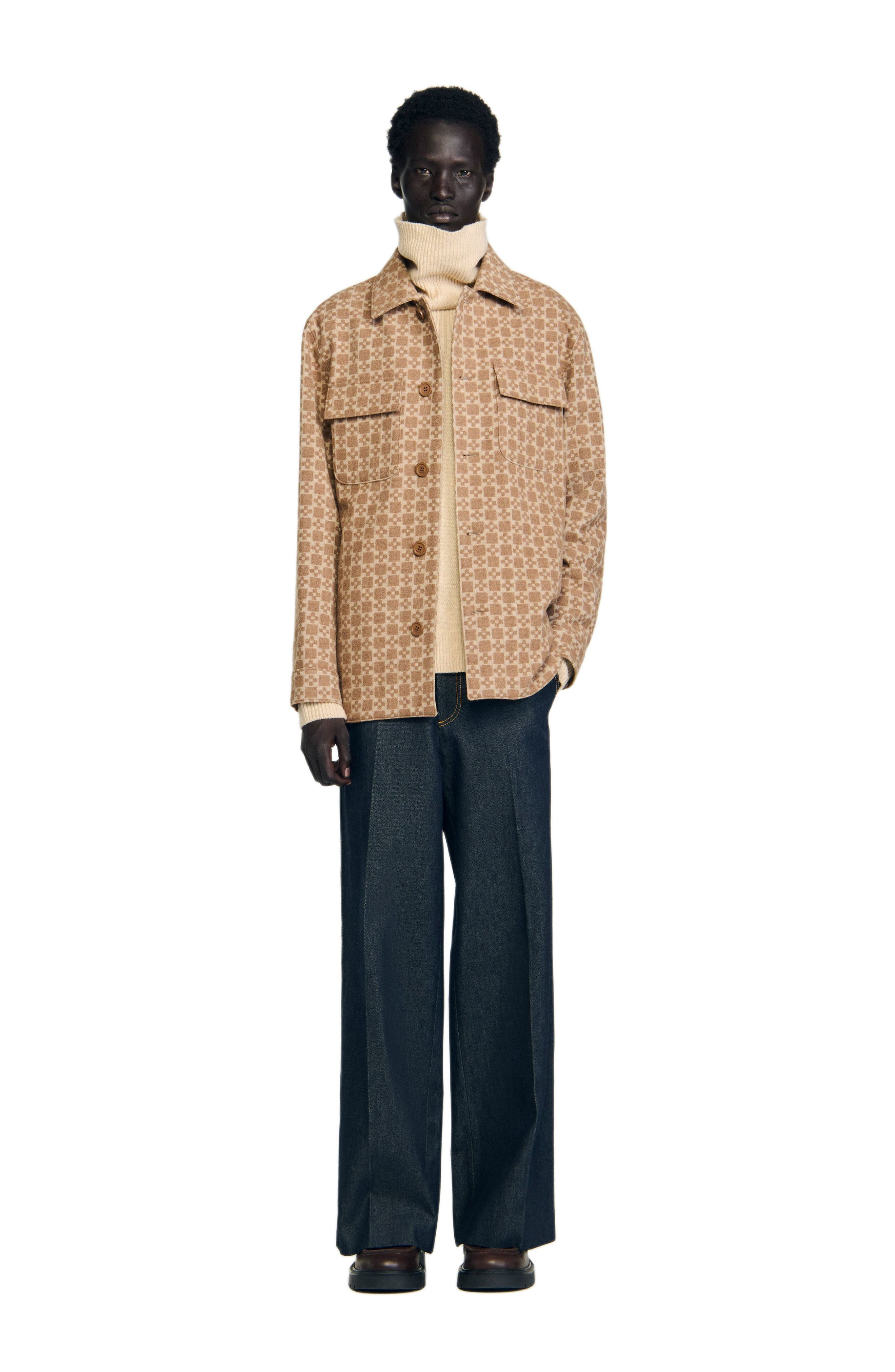 SANDRO Square Cross jacquard overshirt in Camel at Nordstrom - 6