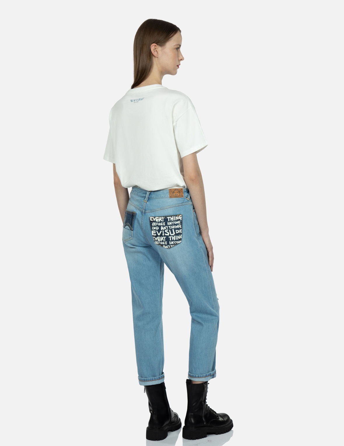 BRAND MOTTO PRINT FABRIC-BLOCKING BOYFRIEND JEANS - 3