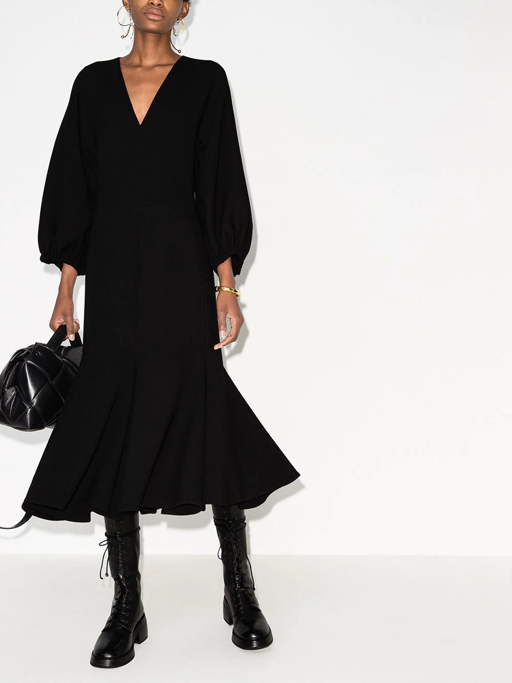 gathered-sleeve V-neck midi dress - 2