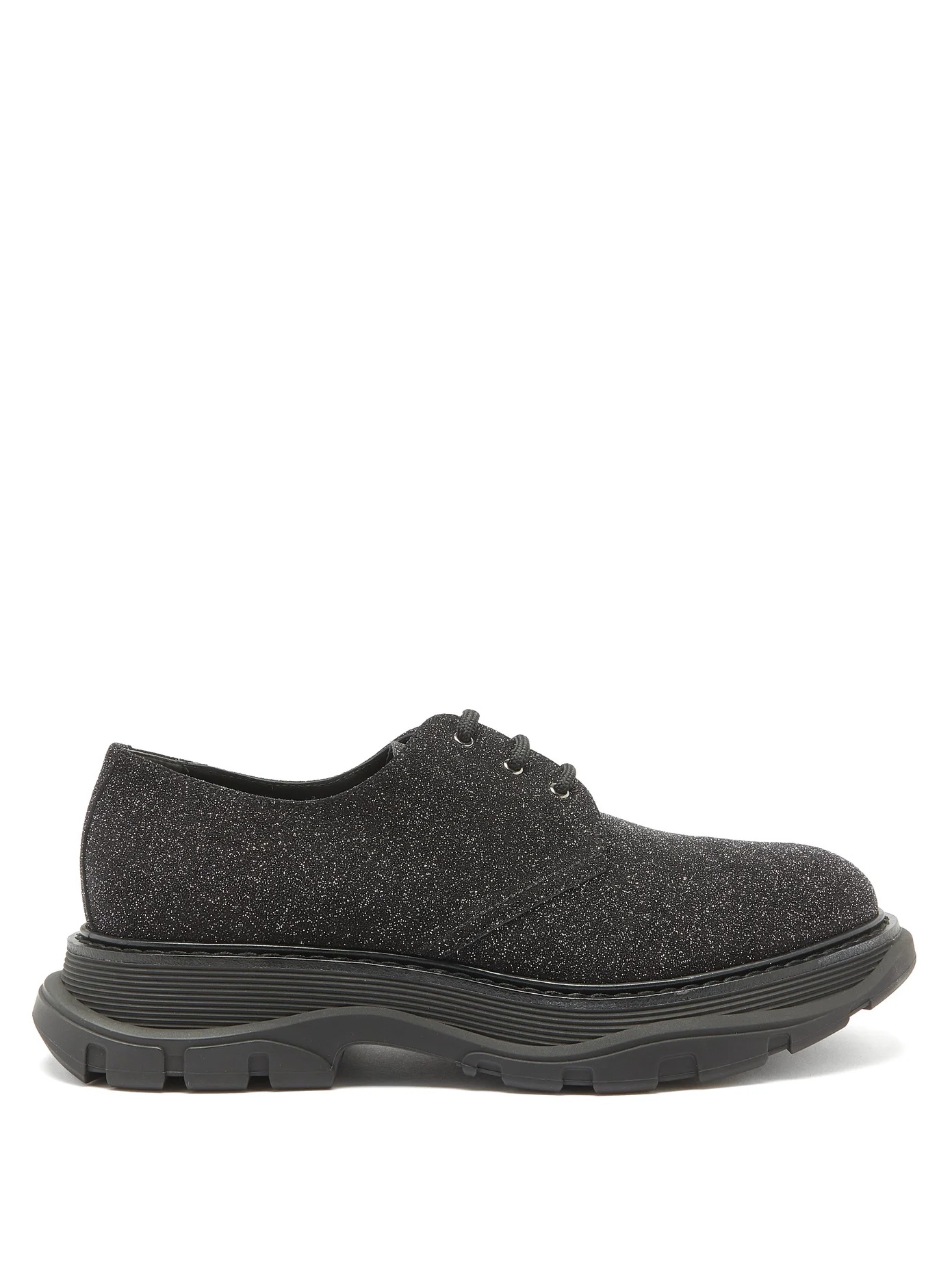 Raised-sole glitter suede and leather derby shoes - 1