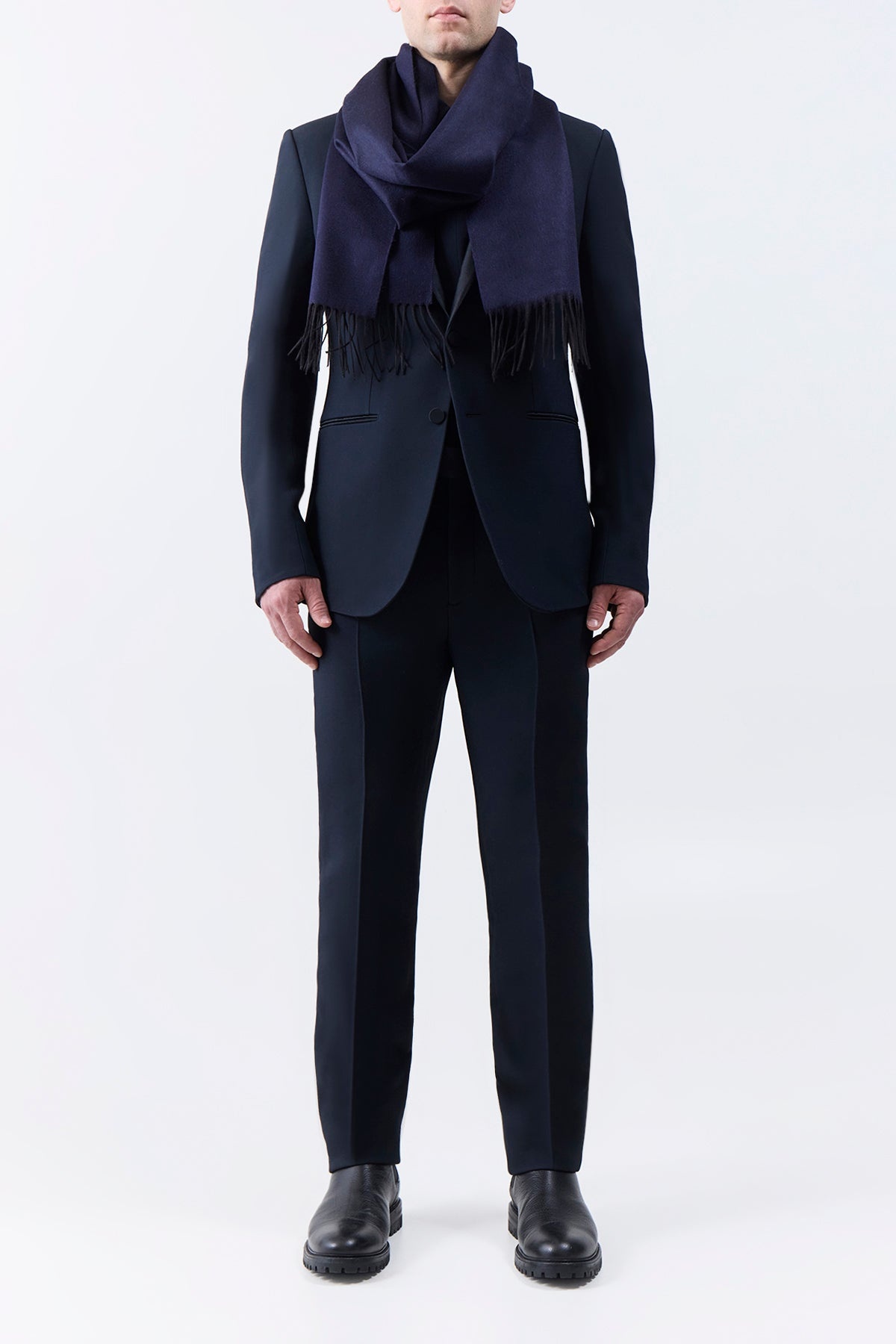 Blaine Fringe Scarf in Dark Navy Silk Cashmere - 4