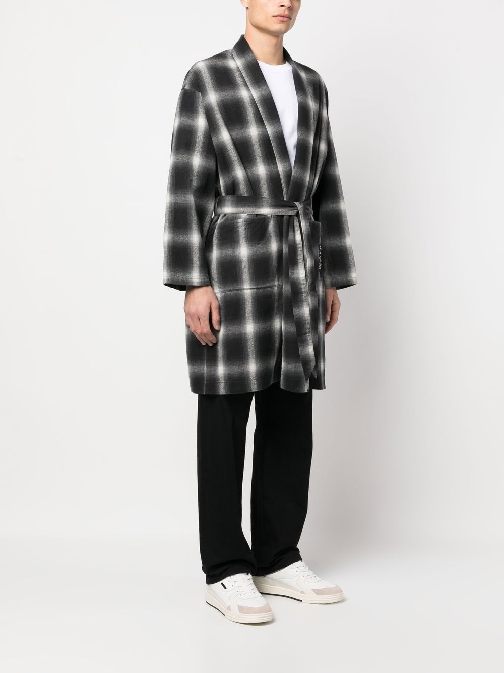 checkerboard print belted coat - 3