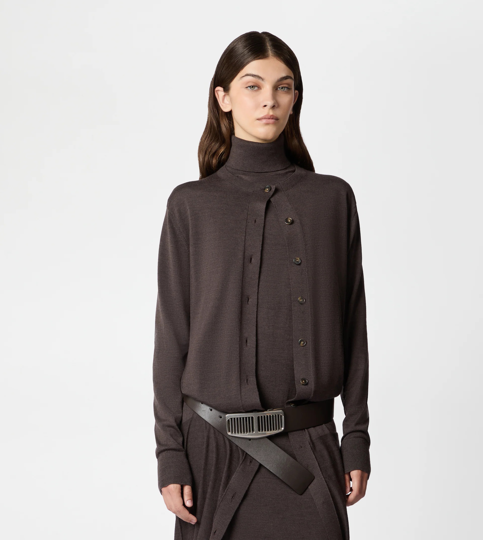 DOUBLE COLLAR SILK BLEND CARDIGAN - BROWN - 7