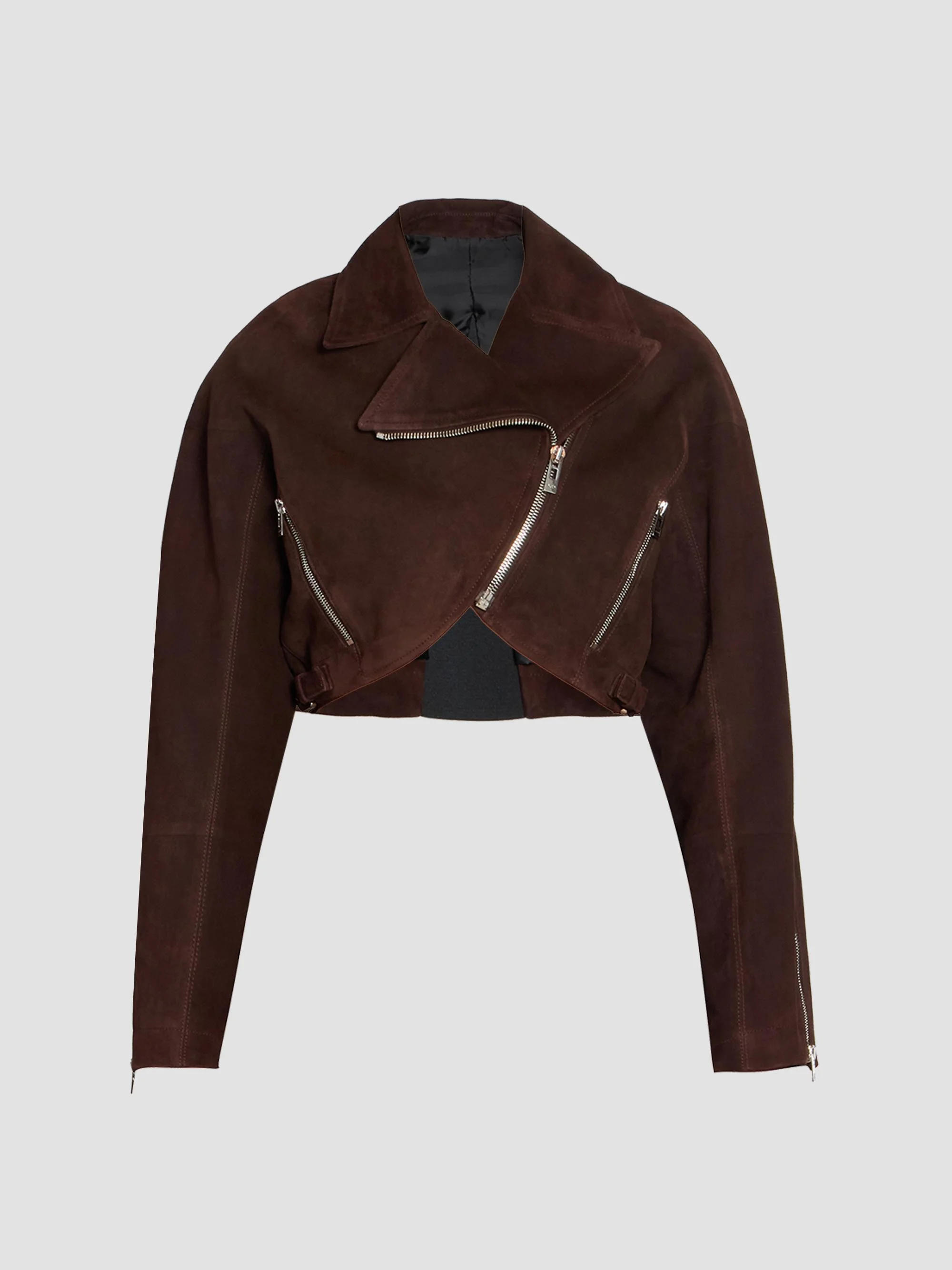 Women's Suede Crop Biker Jacket - Chocolate - 1