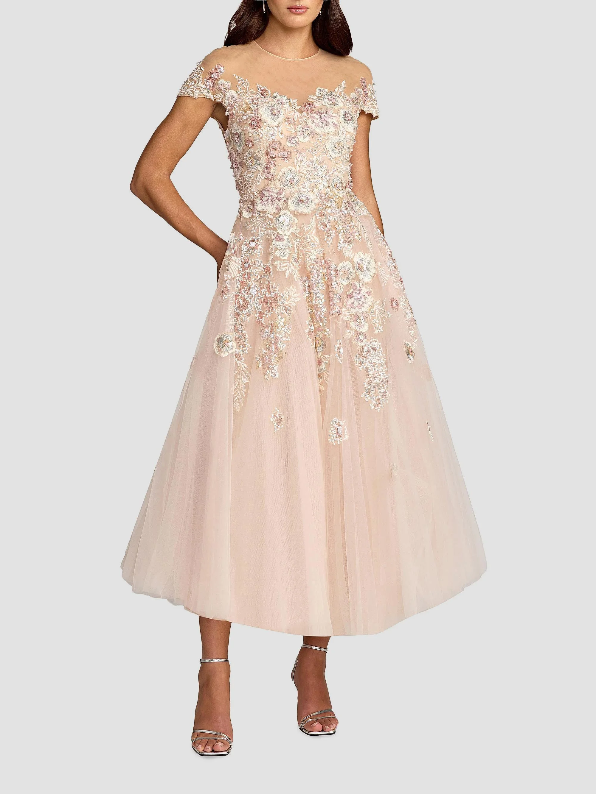 Women's Embroidered Tulle Cap-Sleeve Midi-Dress - Blush Multi - 1