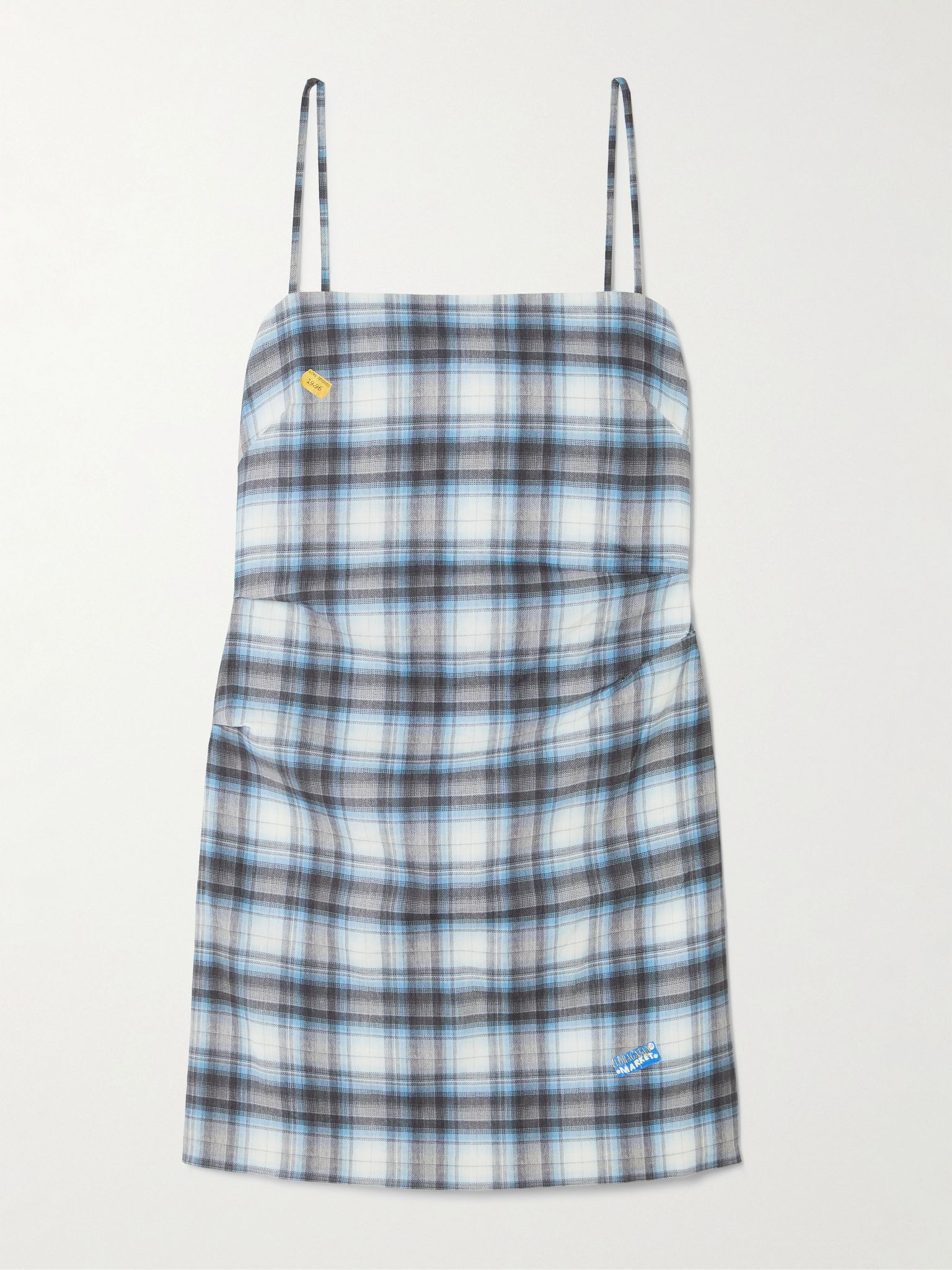 Gathered checked linen-blend mini dress Blue - 1