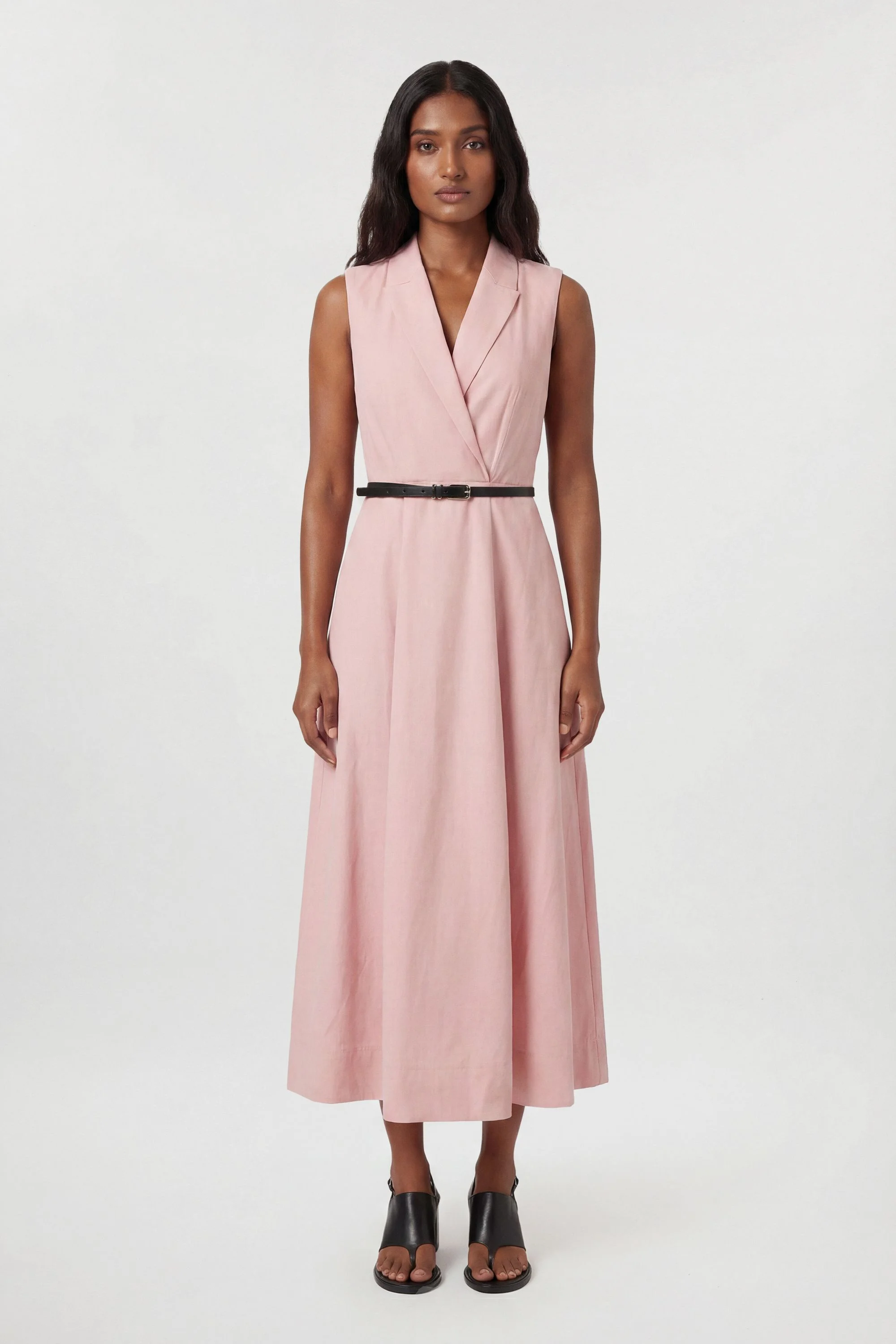 Premium Viscose Linen Tailored Belted Full Skirted Midi Dress - 1