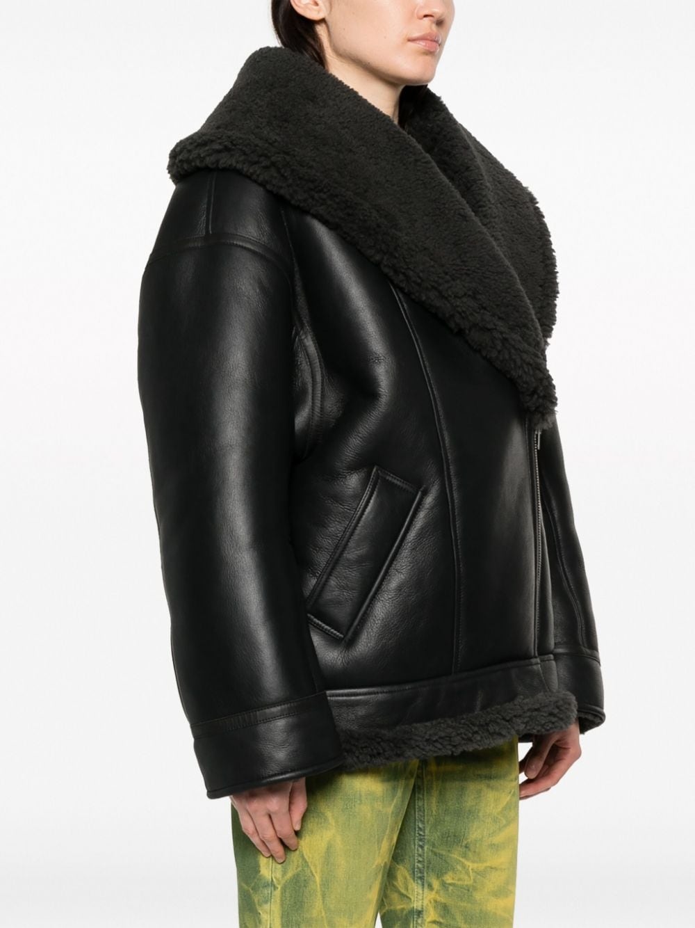 shearling-lined leather biker jacket - 3