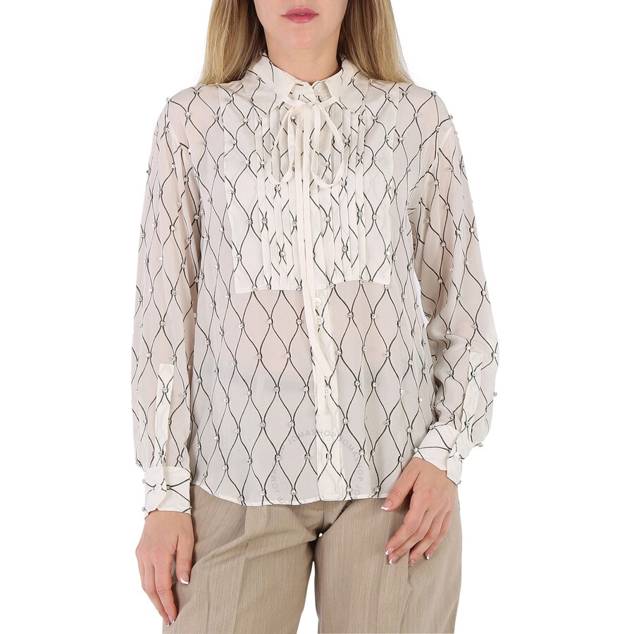Burberry Net Print Crystal Detail Tie-neck Silk Shirt - 3