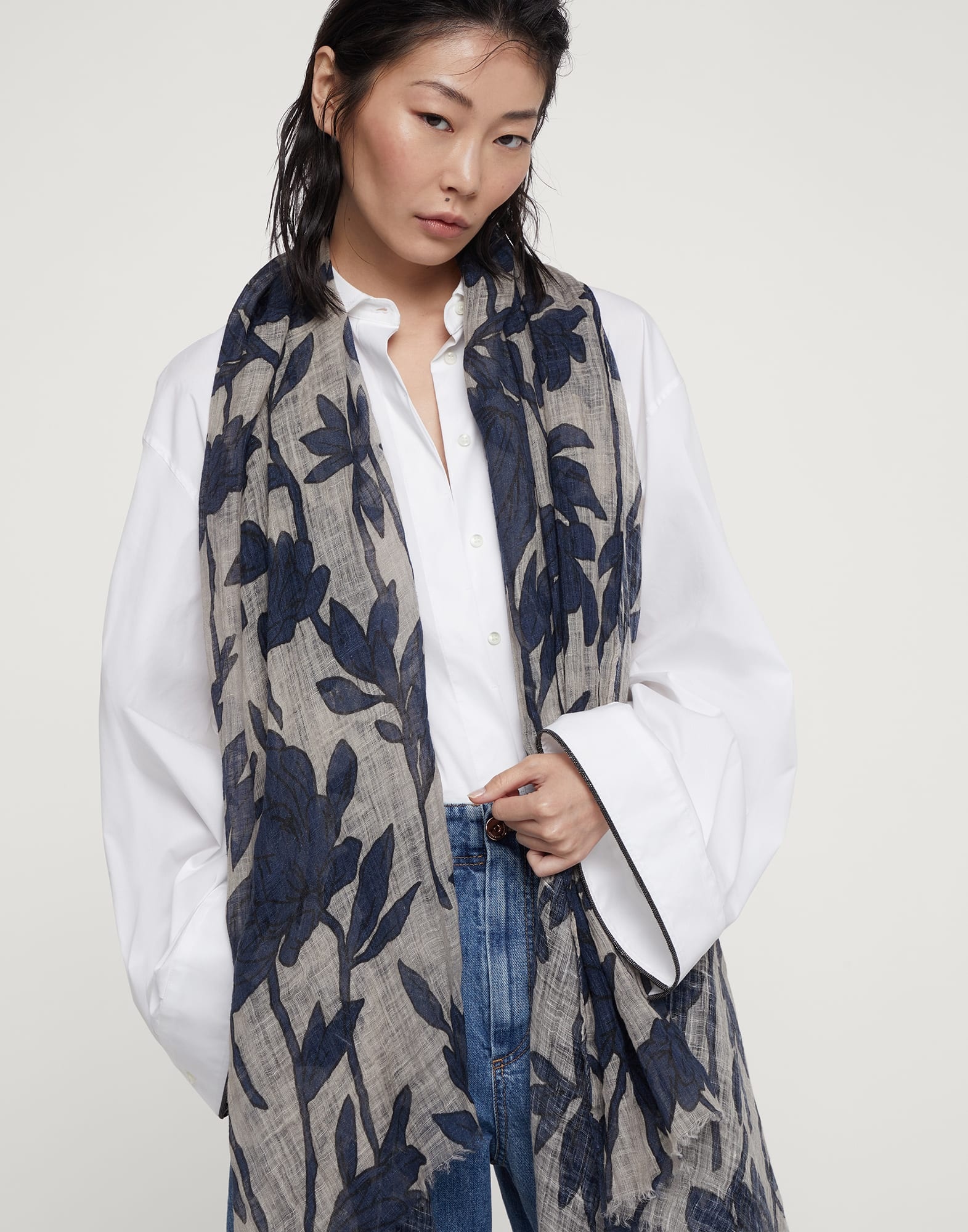 Magnolia print linen scarf - 4