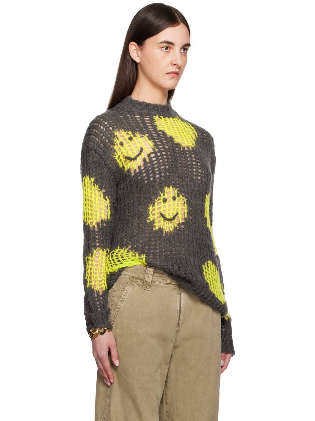 Gray & Yellow Embroidered Mohair Sweater - 2