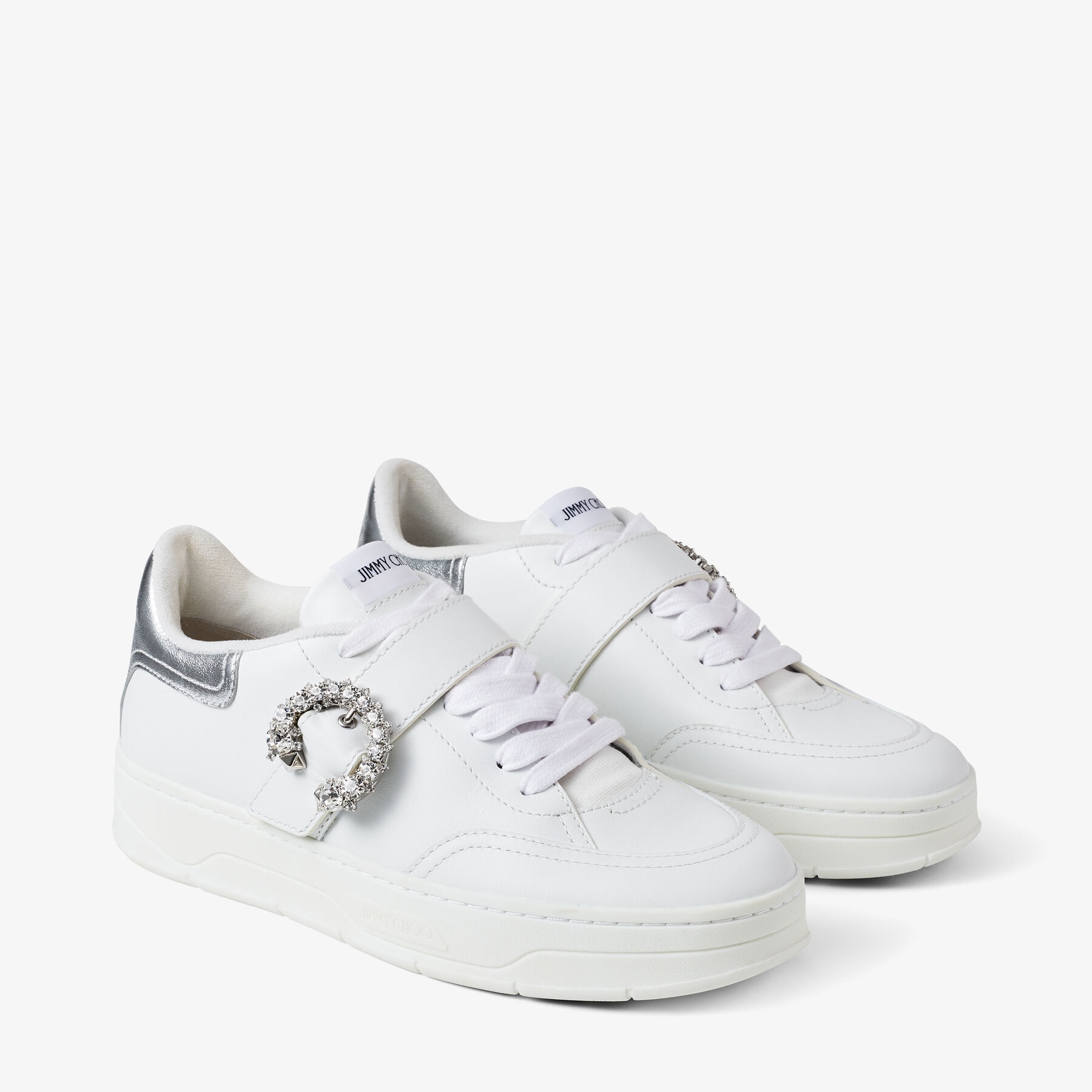 Osaka Lace Up
White Calf Leather and Silver Metallic Nappa Low Top Trainers with Crystal Buckle - 3