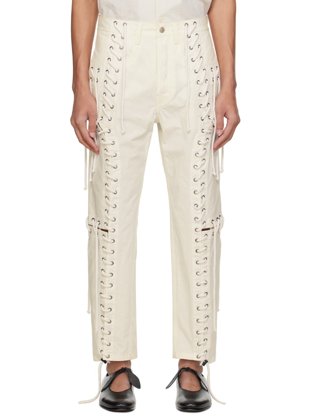 White Lace-Up Trousers - 1