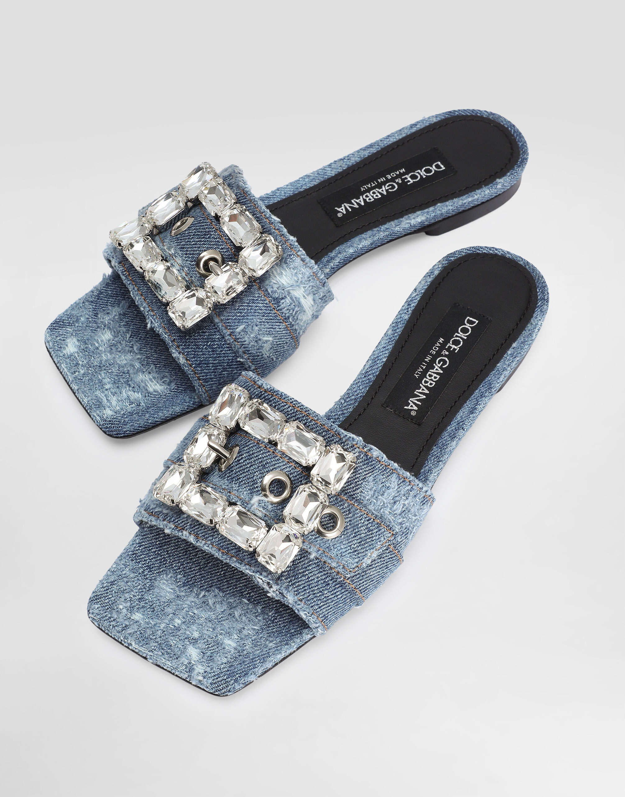 Patchwork denim slides with rhinestone buckle - 4