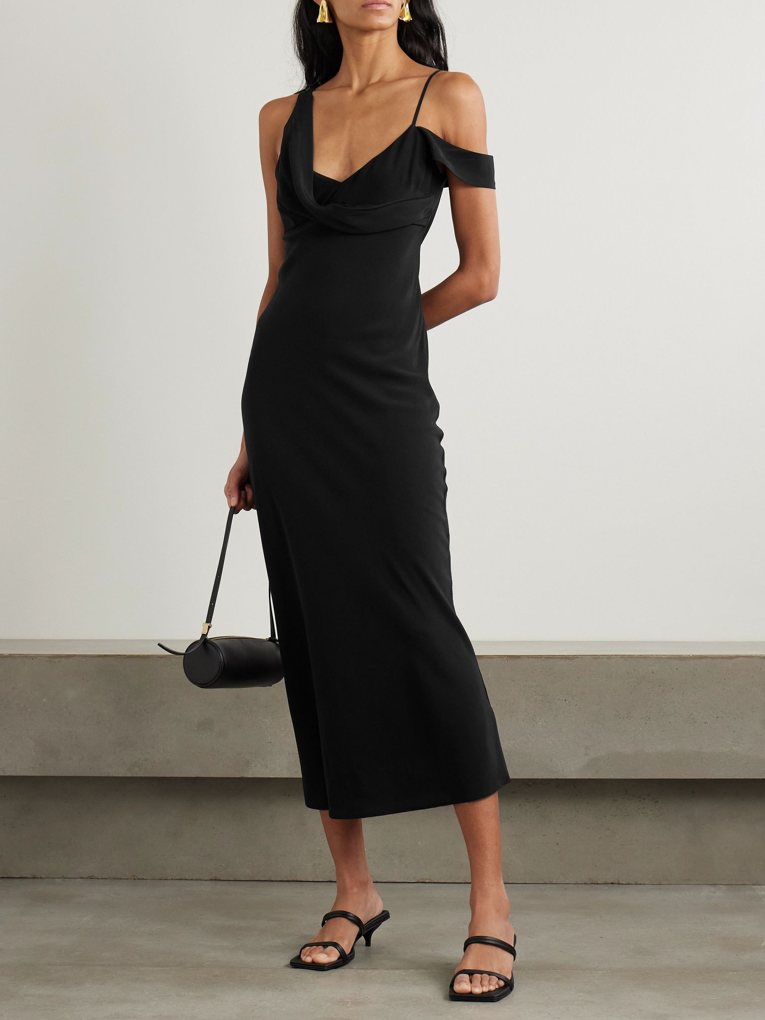 Draped silk midi dress Black - 2