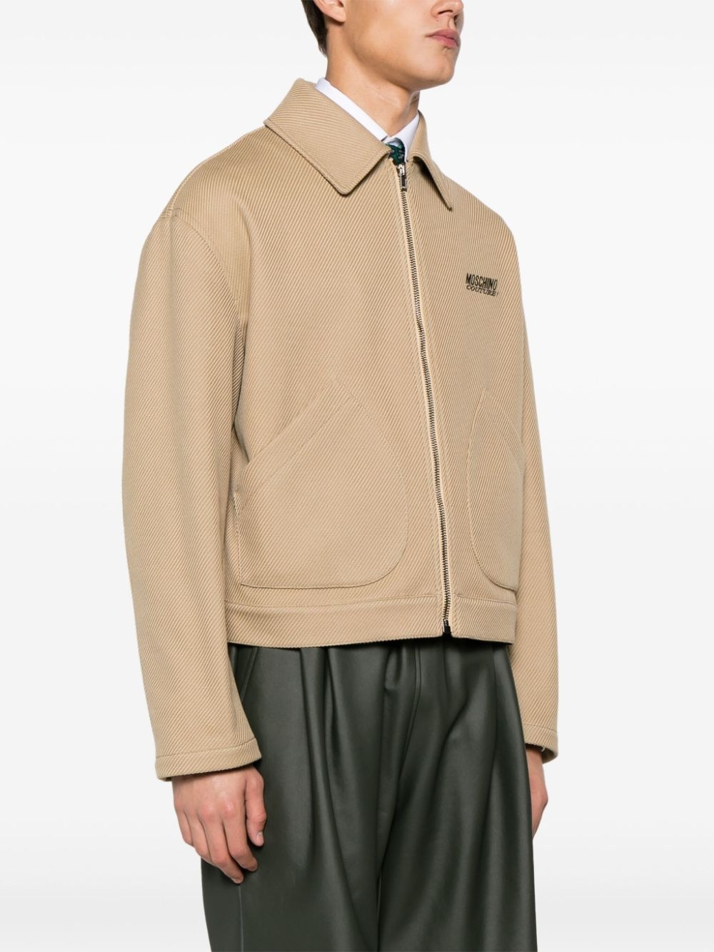 logo-embroidered herringbone shirt jacket - 3