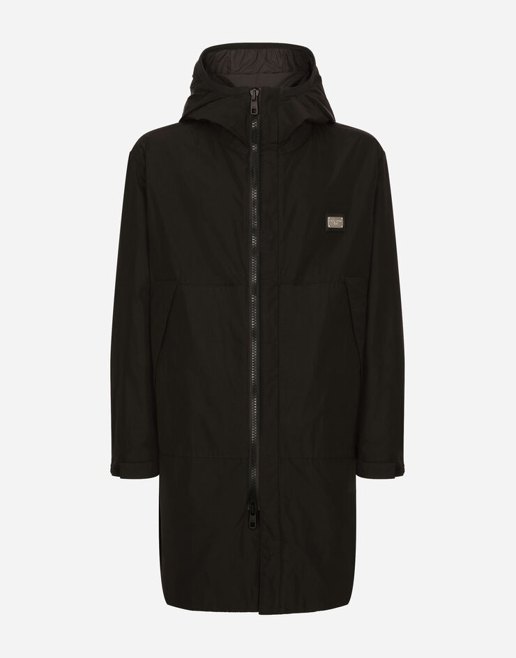 Nylon parka with hood and branded tag - 1